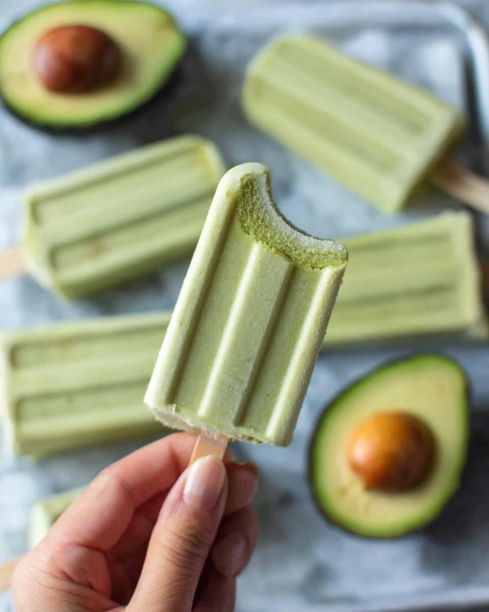 The image shows a close-up of a woman's hand holding a small green ice cream bar with a bite taken out of it, revealing creamy pale green layers inside. In the background, there are more green ice cream bars laid out on a white marbled surface, along with one halved avocado showing its dark green skin and brown seed. The overall colors are soft green and white, with the texture of the ice cream smooth and slightly creamy. Photo taken with an iphone --ar 4:5 --v 7