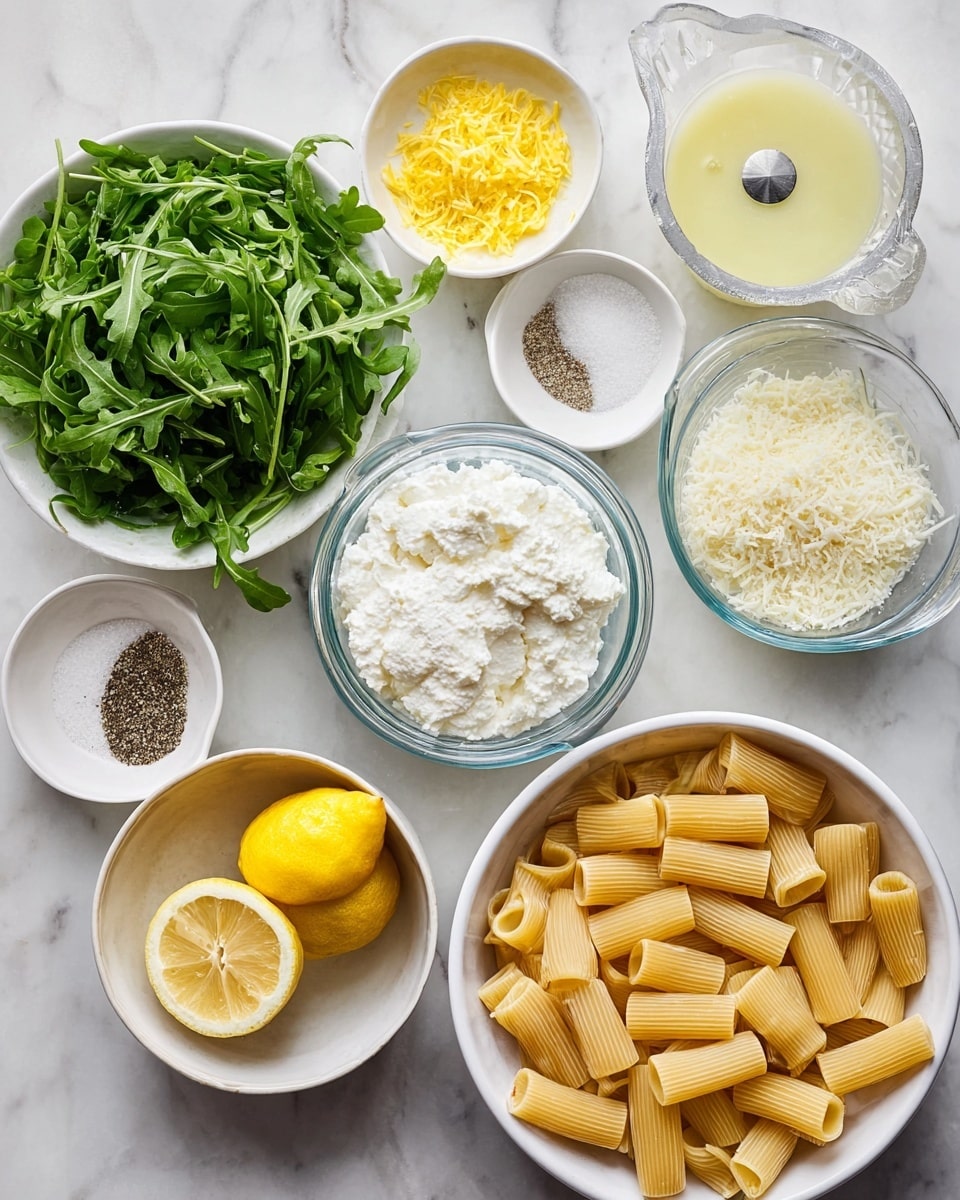The image shows a top view of various ingredients arranged on a white marbled surface. There is one white bowl at the bottom right filled with uncooked rigatoni pasta, next to it on the left is a white bowl with fresh green arugula leaves. Above these, a clear glass measuring cup contains white ricotta cheese with a soft and crumbly texture. To the upper right, a small white bowl holds finely grated parmesan cheese, and beside it, a white bowl with a built-in reamer is filled with lemon juice and has the ridged reamer inserted. Above that, two lemon halves sit on the surface showing bright yellow with seeds inside. On the top left, there is a white bowl with yellow lemon zest and above it, a small white bowl with a mix of salt and black pepper. The whole setting is bright and clean, emphasizing fresh ingredients photo taken with an iphone --ar 4:5 --v 7