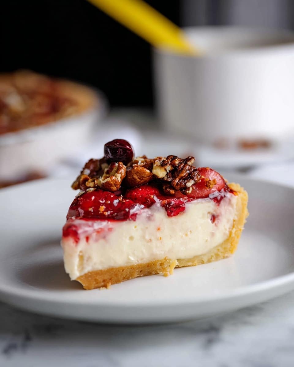 A single slice of creamy tart sits on a white plate with a smooth white marbled surface visible beneath. The tart has three visible layers: a thin golden crust forming the base and edge, a thick pale creamy filling in the middle, and a glossy topping layer at the front with bright red fruit pieces that look soft and juicy. On top, clusters of toasted nuts and a small dark red berry add texture and color contrast. The background is blurred but shows a white container tipped over and a pair of yellow chopsticks resting on a white plate. Photo taken with an iphone --ar 4:5 --v 7