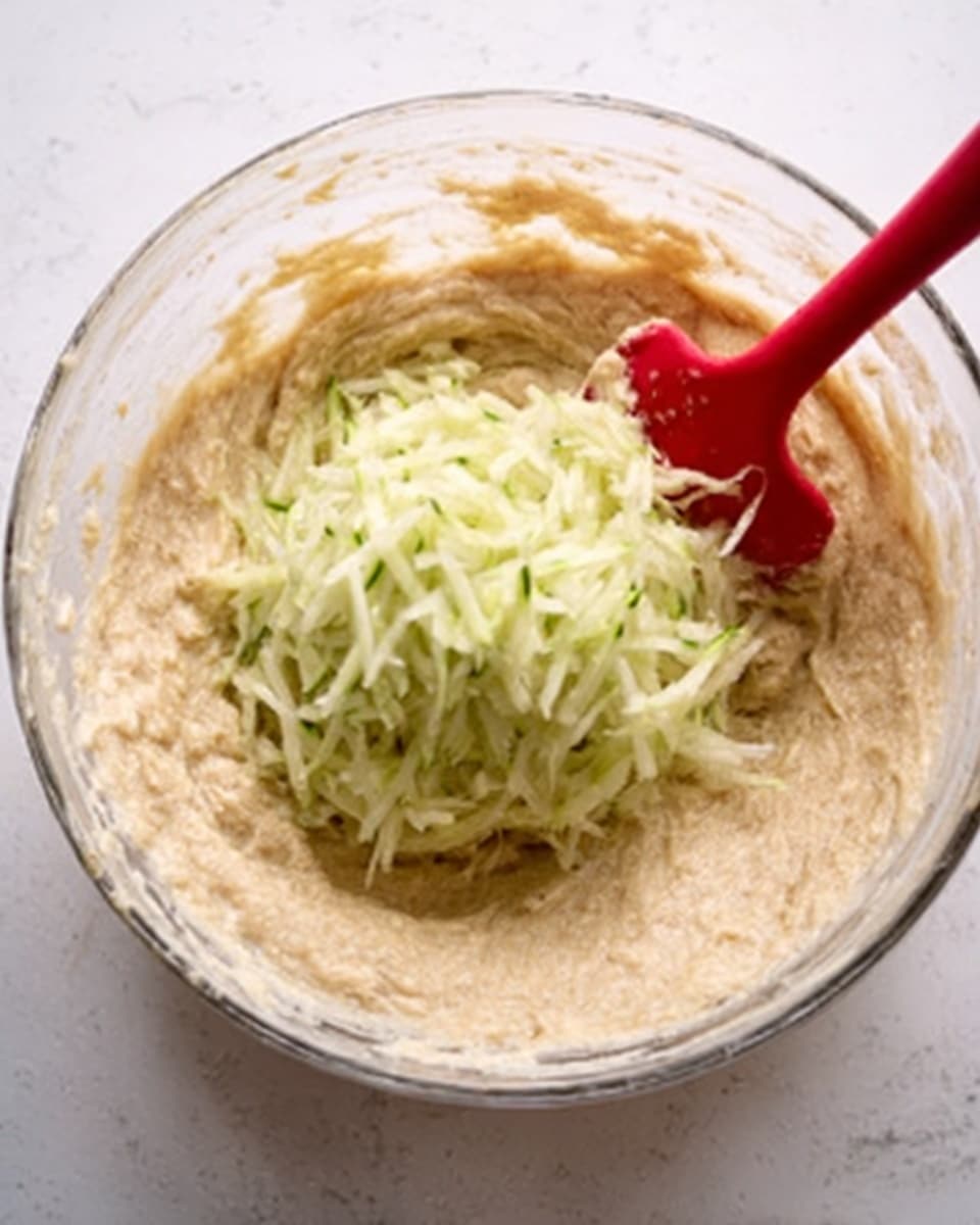 A clear glass bowl sits on a white marbled surface, filled with a smooth beige batter that has a slightly thick texture. On top of the batter is a mound of shredded pale green zucchini, adding a fresh and moist layer contrasting with the creamy batter. A red spatula is resting inside the bowl, partially submerged in the mixture, showing some of the zucchini is about to be folded in. The overall look is a mix of creamy and shredded textures inside the transparent bowl. photo taken with an iphone --ar 4:5 --v 7
