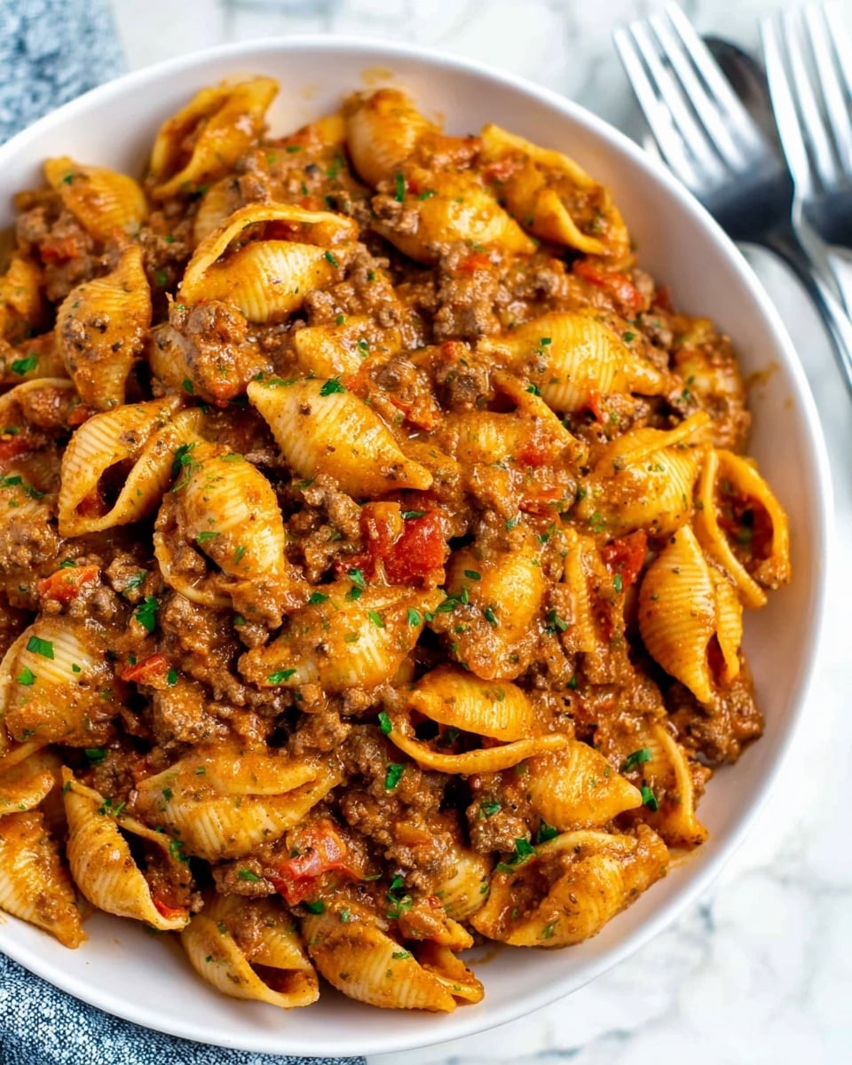 A white bowl filled with many pasta shell shapes mixed with a thick brown and orange sauce that covers the shells evenly, with bits of ground meat and some small pieces of red vegetables scattered throughout. The pasta shells have a slightly shiny and soft texture, and small green herb flakes are sprinkled lightly on top. The background shows a white marbled texture with a metal fork resting nearby. Photo taken with an iphone --ar 4:5 --v 7