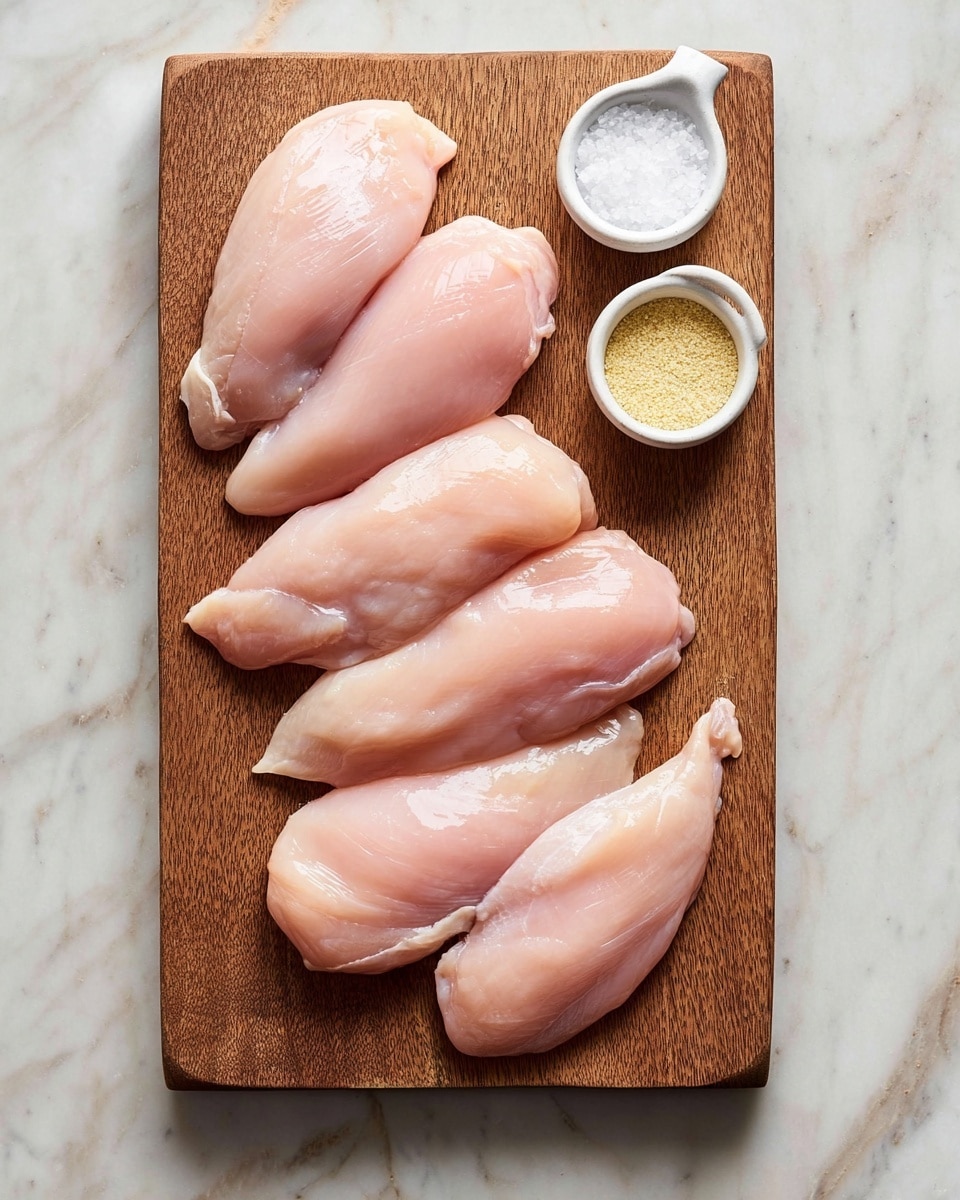 A wooden board on a white marbled surface holds six raw pale pink chicken fillets arranged in two rows, with three fillets in each row, slightly overlapping each other. On the top right corner of the board, there are two small white ceramic containers; the one on top is filled with white salt, and the below one holds light yellow garlic powder. photo taken with an iphone --ar 4:5 --v 7