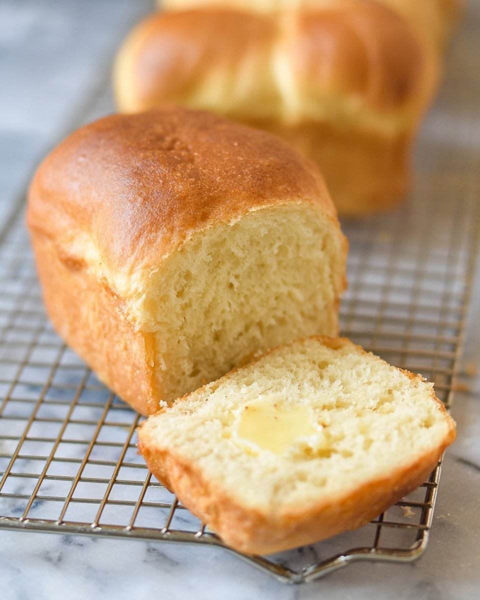 The image shows a small loaf of golden brown bread on a metal cooling rack over a white marbled surface. One slice is cut off and placed in front of the loaf, revealing a soft, light yellow inside with a slightly crumbly texture and a small spread of melted butter near the front edge. The loaf has smooth, rounded edges and a lightly cracked top. In the background, there are more small loaves slightly out of focus. Photo taken with an iphone --ar 4:5 --v 7