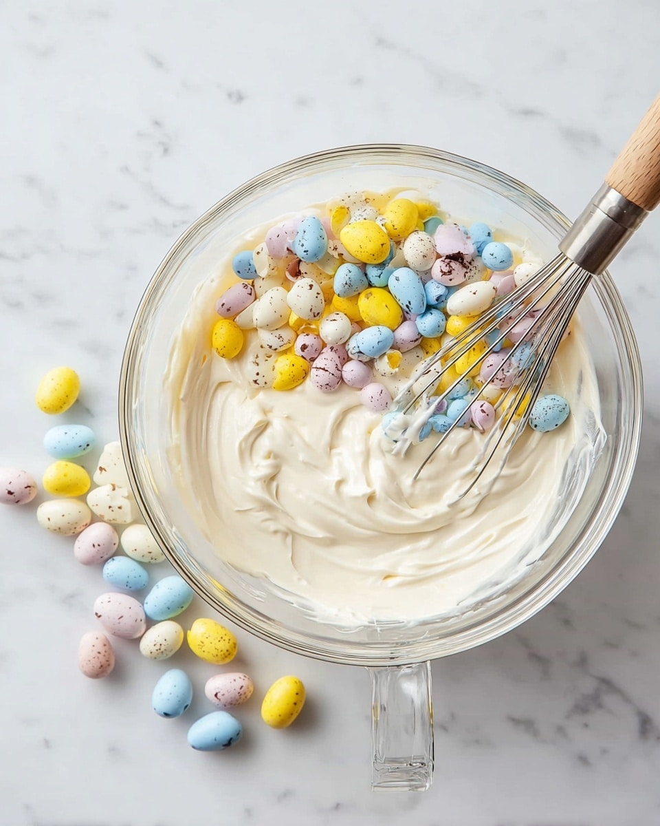 A clear glass mixing bowl holds a thick, smooth white cream base with swirls from stirring, topped with a colorful layer of broken small candy eggs in pastel yellow, blue, pink, and white, showing chocolate inside the broken shells. Around the bowl, some whole candy eggs are scattered on a white marbled surface. A metal whisk with a wooden handle rests beside the bowl. Photo taken with an iphone --ar 4:5 --v 7