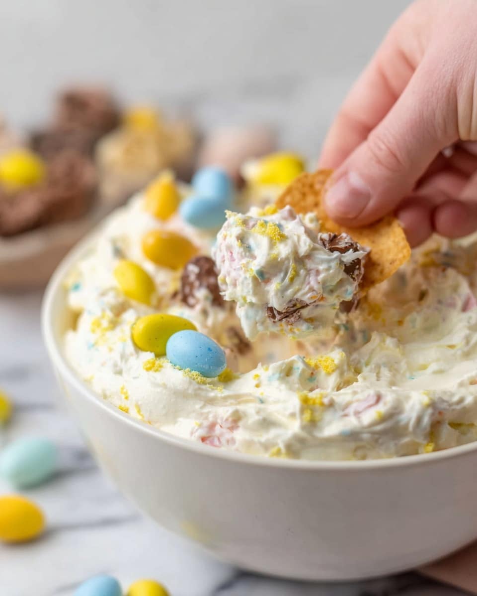 A white bowl filled with a creamy, white, thick dip that has small bits of pink and yellow mixed in. On the surface of the dip, there are broken pieces of candy-coated chocolate eggs in pastel colors like yellow, blue, and brown, scattered on top, adding texture and color contrast. A woman's hand is holding a chip dipped into the creamy mixture, showing the dip clinging to the chip with visible candy pieces inside it. The background features a blurred white marbled surface with some kitchen items softly out of focus. Photo taken with an iphone --ar 4:5 --v 7