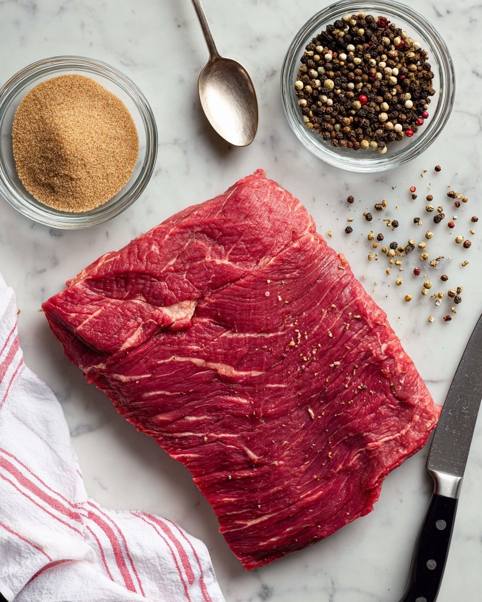 A large flat piece of raw red meat with visible muscle fibers and some white fat spots lies on a white marbled surface near a white and red striped cloth; above it, there is a clear glass bowl filled with light brown sugar on the left and another clear glass bowl filled with mixed whole peppercorns and spices on the right, with some scattered spices between the bowls; to the right of the meat, there is a sharp knife with a black handle and a silver blade, and above the bowls, a shiny silver spoon rests on the surface photo taken with an iphone --ar 4:5 --v 7