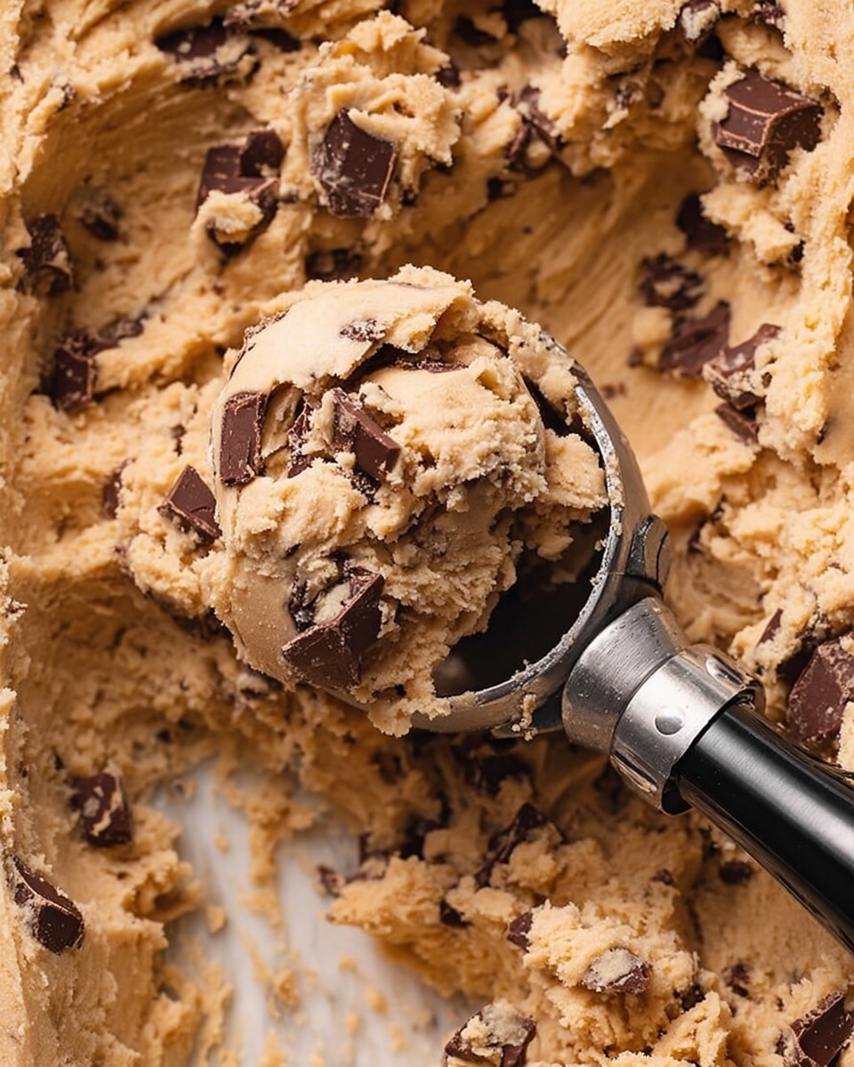 The image shows chunky cookie dough with large pieces of dark chocolate mixed inside. The dough is light brown, soft, and slightly uneven with visible chocolate chunks scattered throughout. A black-handled metal scoop is positioned in the middle, holding a generous scoop of the dough. The texture looks creamy and dense, with the rich chocolate pieces adding contrast. The background is a white marbled texture. photo taken with an iphone --ar 4:5 --v 7