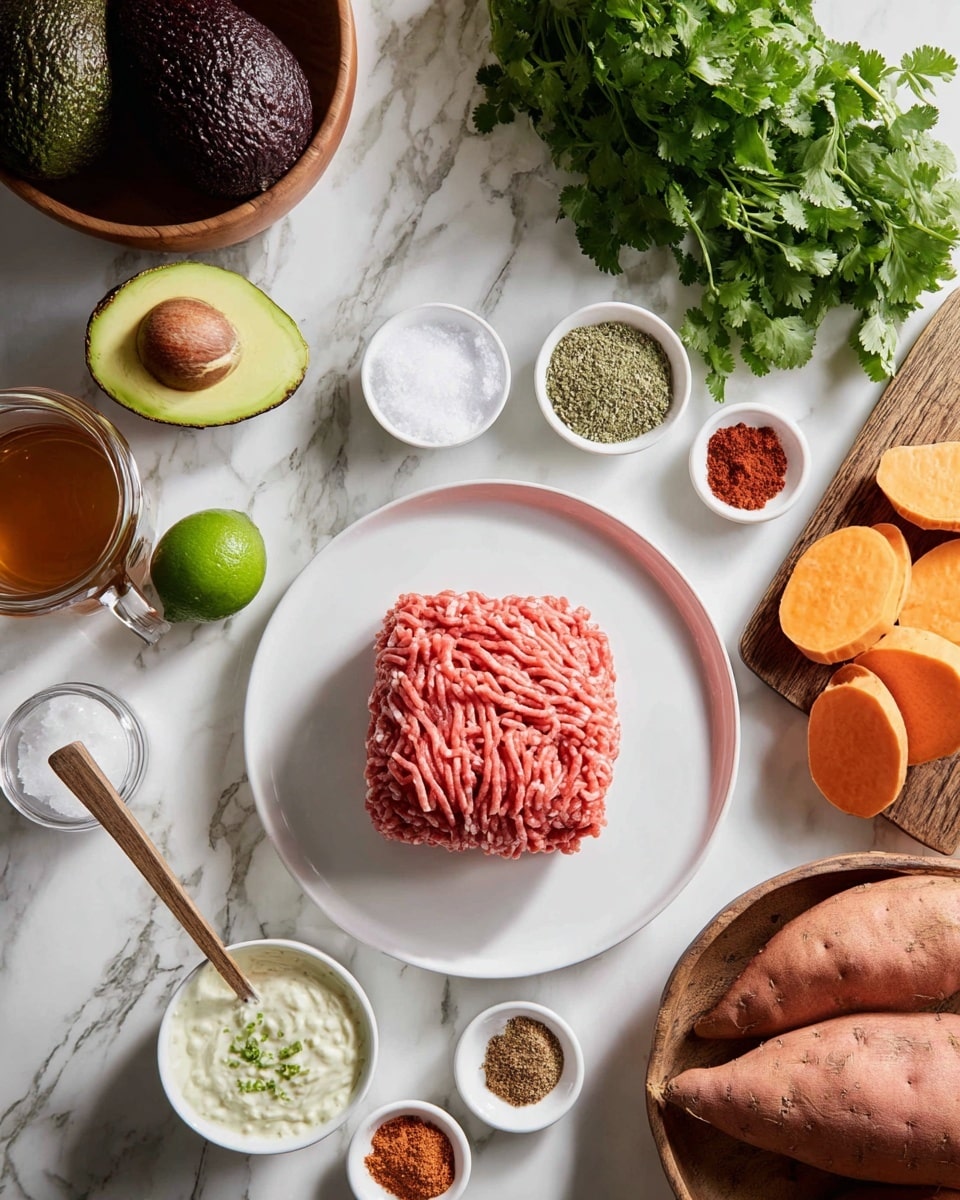 The image shows a white round plate with a block of raw ground meat that is pinkish-red and textured with thin strands, placed in the center on a white marbled surface. Around it, there are several small white bowls containing different spices in separate piles: white powder, green dried herbs, red powder, and salt, and a small pile of red paste in one bowl. There is a small white bowl with white creamy sauce that has green bits mixed in, placed in the lower left. To the upper left, a halved avocado with a light green inside and dark green outer skin is next to a dark purple whole avocado. A bunch of fresh green cilantro leaves rests above them in a wooden bowl. On the upper right side, three whole orange sweet potatoes and a few pieces of sliced sweet potatoes rest on a wooden round board alongside two halves of a bright green lime. A glass measuring cup with a brown liquid sits to the left, and a jar with brown sauce and a wooden stick is on the upper right. The background is bright and clean, with a white marbled texture. photo taken with an iphone --ar 4:5 --v 7