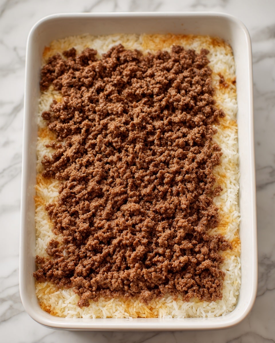 The image shows a white rectangular baking dish filled with two distinct layers. The bottom layer is made of cooked white rice with a slightly yellow tint, visible at the edges around the top layer. The top layer consists of evenly spread cooked ground beef, which is brown and has a crumbly texture, covering the rice completely. The dish is placed on a white marbled surface. Photo taken with an iphone --ar 4:5 --v 7