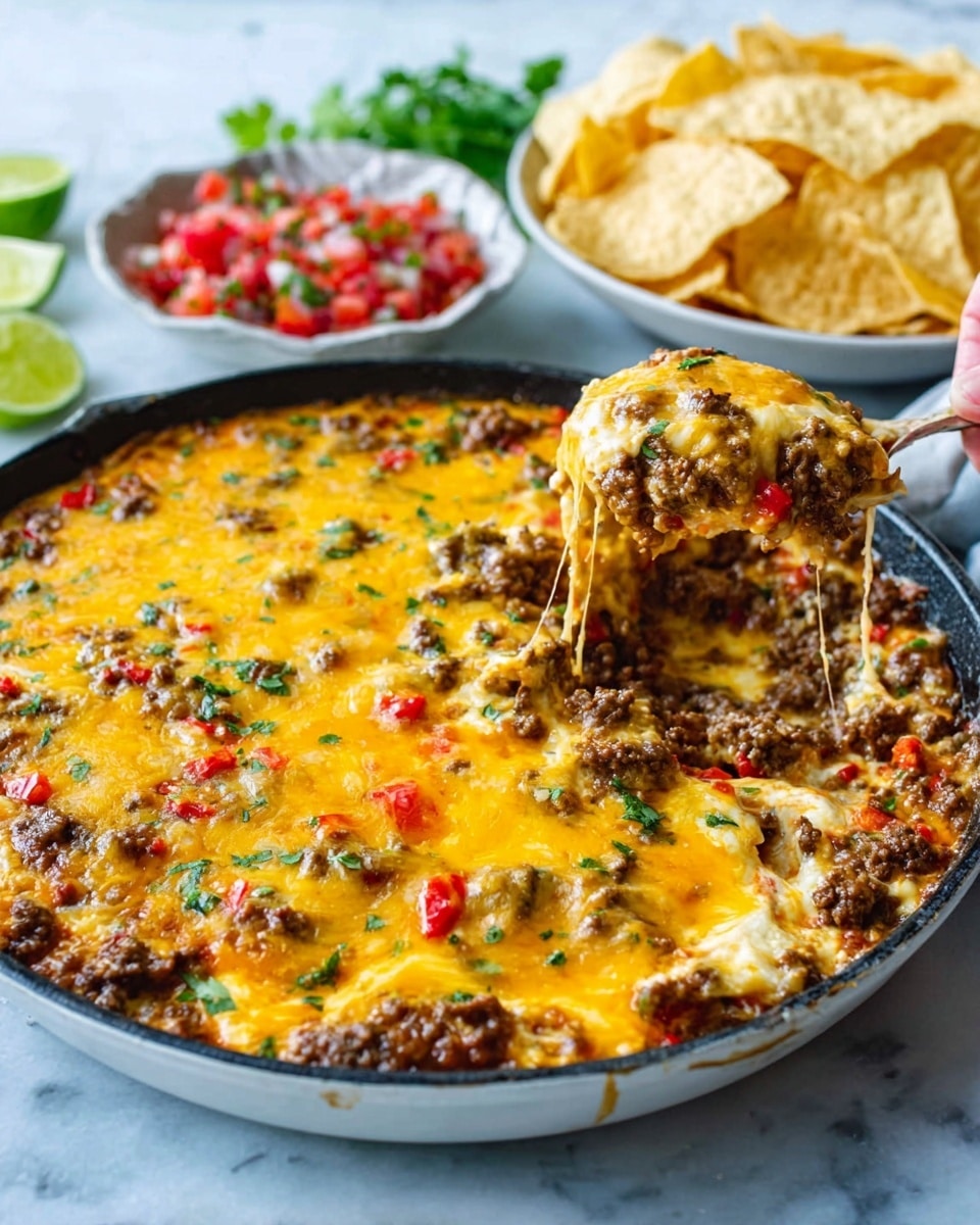 A large white pan filled with a layered skillet dish that shows a mix of melted bright yellow cheese on top, with browned cooked ground meat and small bits of red bell pepper peeking through beneath. The cheese is bubbly and covers the whole surface, with some areas slightly browned. The pan rests on a white marbled surface, and in the background, there is a white bowl filled with light-colored tortilla chips and a second white bowl containing a salsa mix of red diced tomatoes, green cilantro, and white onions. A woman's hand is scooping out a cheesy portion from the skillet, pulling up a gooey stretch of melted cheese. Small lime wedges sit next to the bowls, adding a burst of green color. photo taken with an iphone --ar 4:5 --v 7