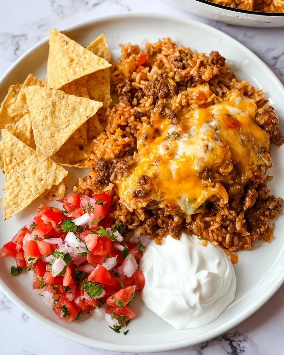 The dish is shown on a white plate on a white marbled surface, with three main sections: the largest part is a mix of brown cooked ground meat and rice with melted orange-yellow cheese scattered throughout, showing a soft and slightly gooey texture. To the left of this mix, there is a small pile of triangular, lightly golden tortilla chips with a crispy texture. Below the chips, a brightly colored mix of diced red tomatoes, white onions, and green herbs creates a fresh salsa, adding vibrant reds, whites, and greens to the plate. At the bottom right of the plate is a dollop of smooth, white sour cream contrasting with the other ingredients. Photo taken with an iphone --ar 4:5 --v 7