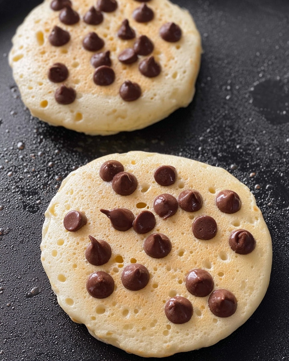 The image shows two small round pancakes cooking on a black griddle. Each pancake is light golden in color with a soft, slightly bubbly texture. Scattered evenly across the top of each pancake are shiny, dark brown chocolate chips that are slightly melted. The pancakes have small holes on their surfaces, indicating they are cooking through. The griddle underneath has a textured appearance with small oily spots. photo taken with an iphone --ar 4:5 --v 7