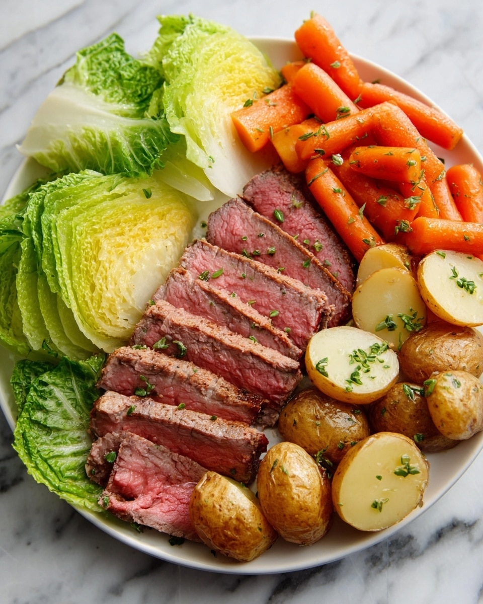 The dish shows a white plate on a white marbled surface filled with sliced pink roast meat arranged in the center. On the left side, there are several green lettuce leaves with a crisp texture. To the right and above the meat, there are small orange cooked carrots with a smooth surface. Below the meat, there are small round golden roasted potatoes with some green herbs sprinkled on top. The colors are soft and natural, showing the freshness of the food. photo taken with an iphone --ar 4:5 --v 7