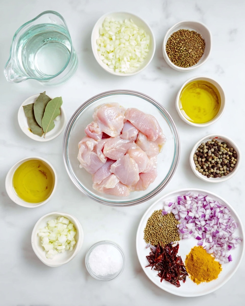 The image shows a white marbled surface with several bowls and plates arranged neatly. In the center, there is a clear glass bowl filled with several pieces of raw light pink chicken. Surrounding it are smaller white bowls containing chopped pale yellow garlic, diced purple onions, green fresh curry leaves, a dark yellow spice powder, and dark red dried chilies. There is also a white plate with five types of whole spices including black peppercorns, coriander seeds, cumin seeds, fennel seeds, and mustard seeds. Additionally, two small glass containers hold a golden yellow liquid and a clear liquid, while a small white bowl has white granulated salt. A glass jug with clear water is placed in the top left corner. The setup is clean and bright, giving a fresh and organized look. Photo taken with an iphone --ar 4:5 --v 7