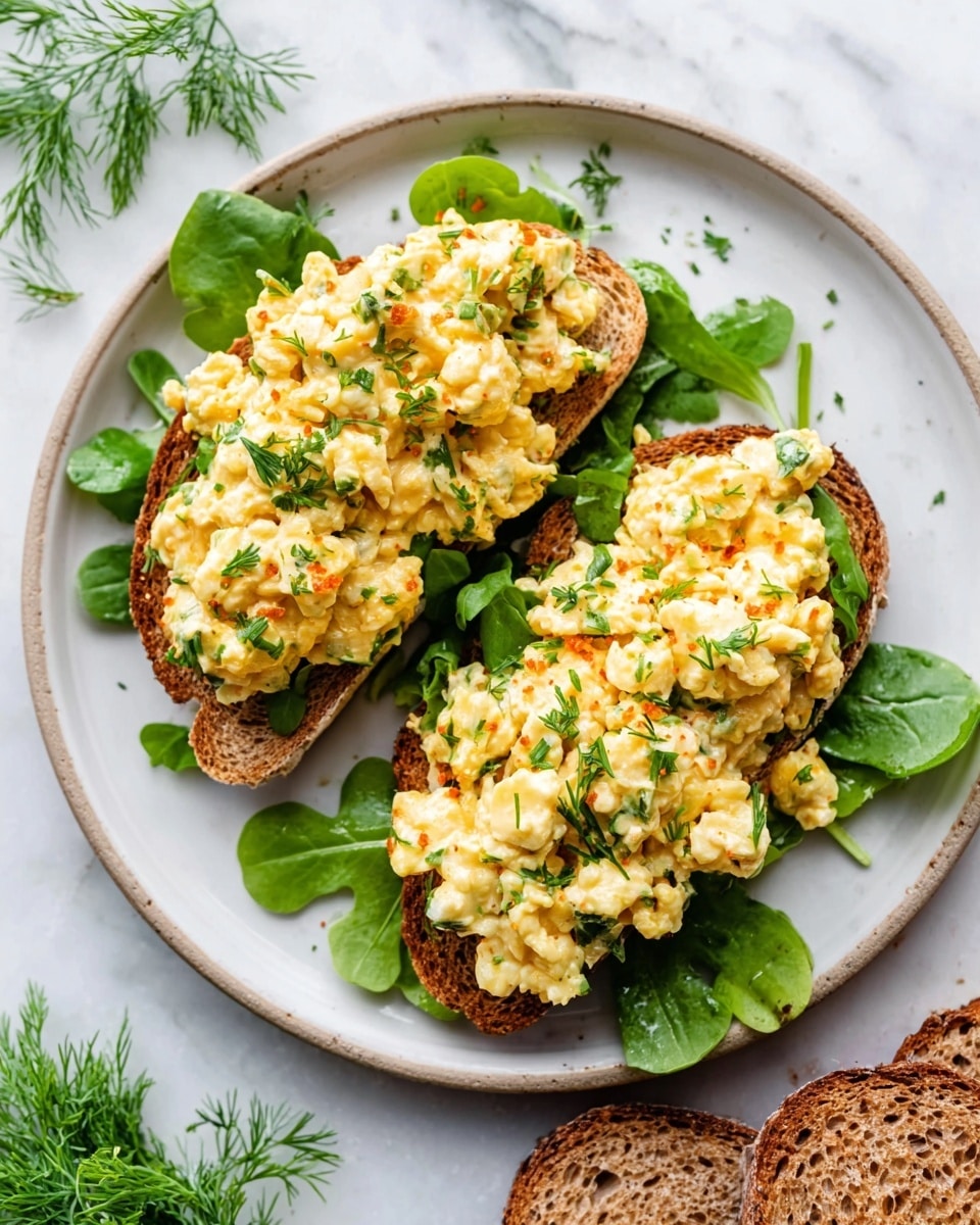 The image shows two pieces of toasted bread on a white plate, each topped with a creamy spread that looks like a mix of finely chopped eggs and herbs. The spread has a light yellow color with bits of green and orange throughout, giving it a fresh, textured look. The toast sits on a bed of green leafy herbs, adding contrast to the dish. Around the main plate, there are small slices of brown bread and some fresh green herbs placed on a white marbled surface. The photo is bright and clear, with soft natural light highlighting the textures and colors, photo taken with an iphone --ar 4:5 --v 7