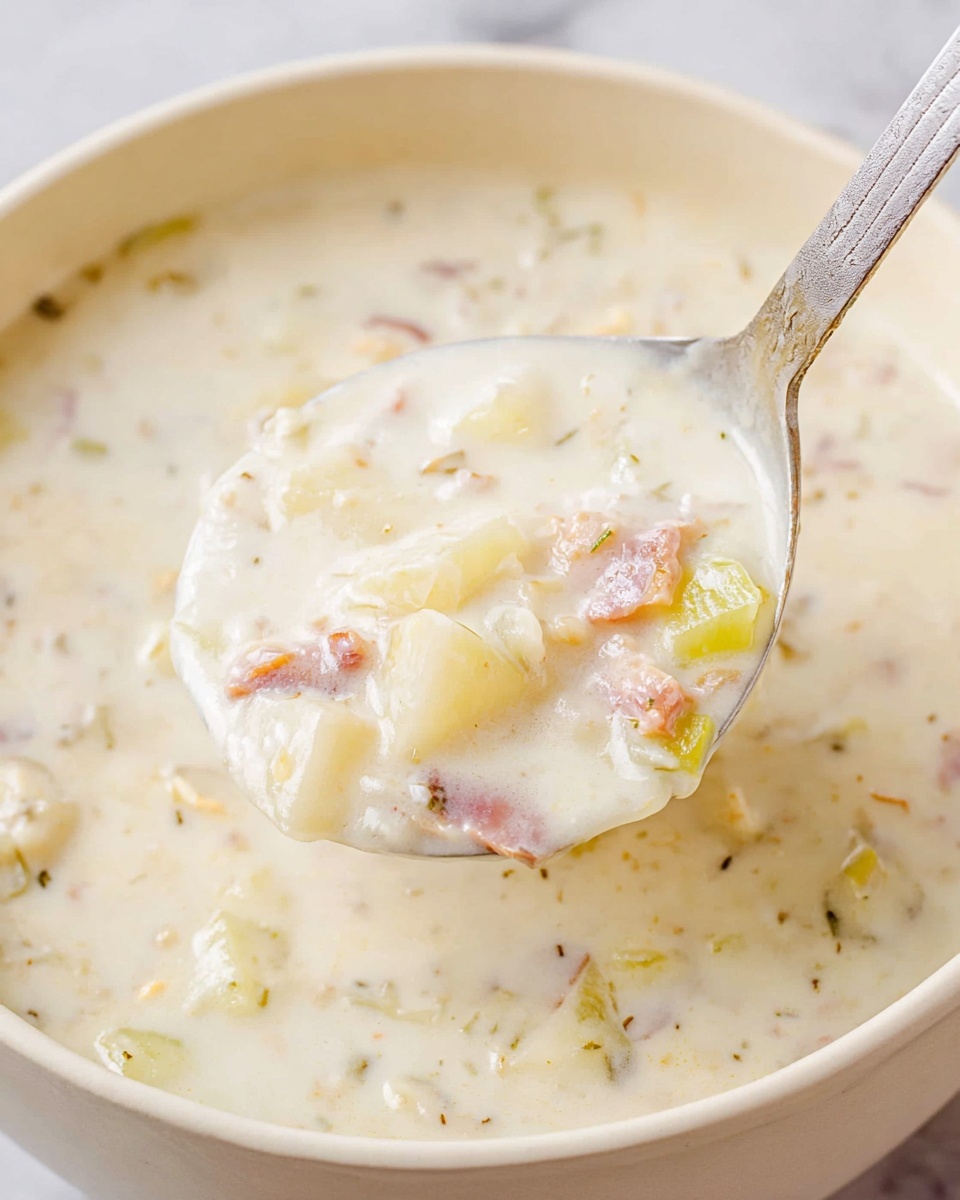 The image shows a close-up of a thick, creamy soup being lifted by a metal ladle. The soup is mostly white with visible small chunks of soft yellow potatoes, pale green celery, and bits of light brown bacon or ham evenly spread inside the smooth creamy base. The ladle is full, showing the soup’s rich texture with smooth and chunky pieces mixed together. The background surface has a white marbled texture. Photo taken with an iphone --ar 4:5 --v 7