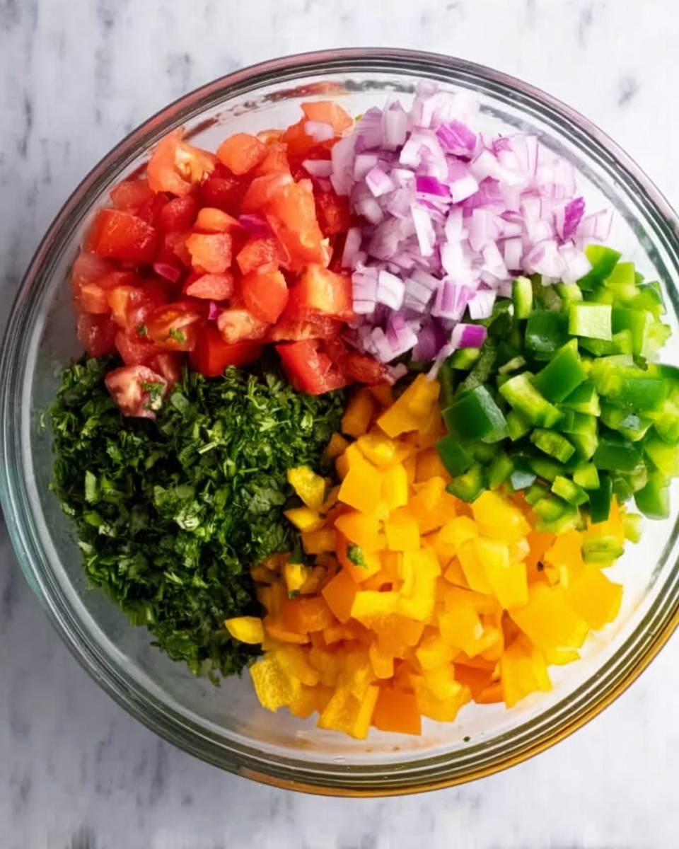 The image shows a clear glass bowl on a white marbled surface filled with five separate piles of chopped vegetables. Starting from the top left and moving clockwise, there are bright red chopped tomatoes, pale purple chopped onions, dark green chopped herbs, bright yellow chopped bell peppers, and medium green chopped bell peppers. The colors are vivid and fresh, with each type of vegetable clearly separated and chopped into small pieces. Photo taken with an iphone --ar 4:5 --v 7