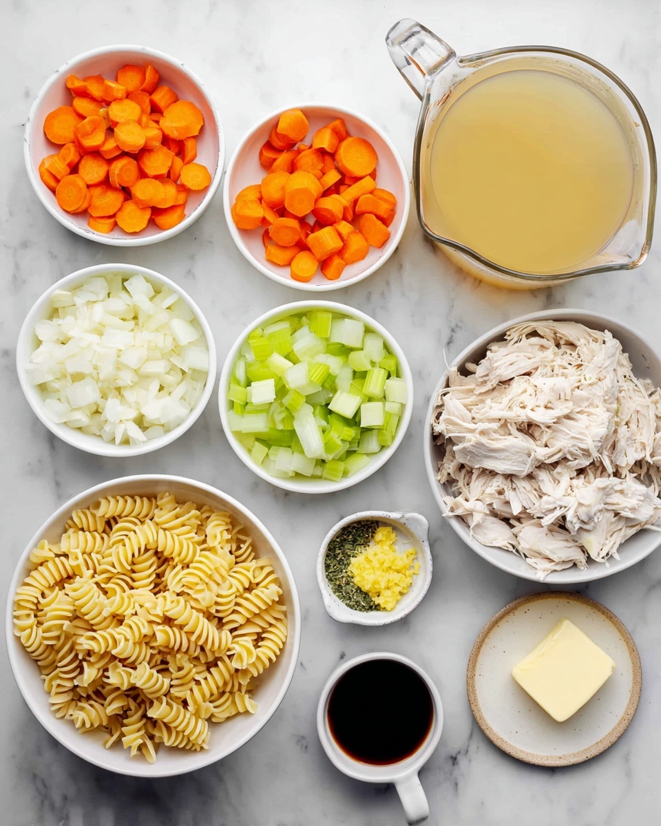 Easy Rotisserie Chicken Noodle Soup Recipe 5 The image shows a top-down view of several white bowls and a clear measuring cup on a white marbled surface, each holding different ingredients. There are shredded white chicken strips in a white bowl with a brown rim in the middle right. To its left are sliced orange carrots in a white bowl and chopped white onions in a larger white bowl. Above the chicken are chopped green celery pieces in another white bowl. Near the bottom left, there is a clear measuring cup filled with light brown broth. Small white bowls hold minced garlic with dried herbs, white flour, and a square of yellow butter. A small clear pitcher contains white milk, and a tiny white bowl contains a dark liquid, likely soy sauce or vinegar. A larger white bowl with a brown rim holds uncooked spiral pasta on the right side. The layout is neat and each ingredient is clearly visible. Photo taken with an iphone --ar 4:5 --v 7