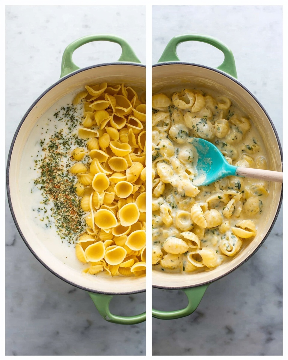 The image shows two side-by-side views of a white pot with green handles on a white marbled surface. On the left side, the pot contains three layers: the bottom layer is a creamy white liquid, the middle layer has green herbs and seasoning dispersed, and the top layer is yellow uncooked shell pasta scattered evenly. On the right side, the pot shows cooked pasta in a creamy sauce mixed well throughout, with the pasta shells now plump and coated in a thick light yellow sauce with visible herbs. A turquoise spoon is stirring the pasta inside the pot. Photo taken with an iphone --ar 4:5 --v 7