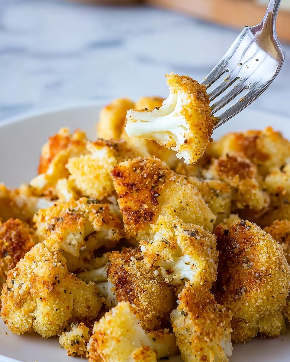 The image shows many small cauliflower pieces covered in a golden brown crispy coating, piled on a white plate. The texture of the coating looks crunchy and slightly uneven with small bits of seasoning. A silver fork lifts one piece of cauliflower, showing the white, soft inside contrasting with the crunchy outer layer. The background surface is white marbled texture and softly blurred, keeping the focus on the cauliflower pieces. Photo taken with an iphone --ar 4:5 --v 7