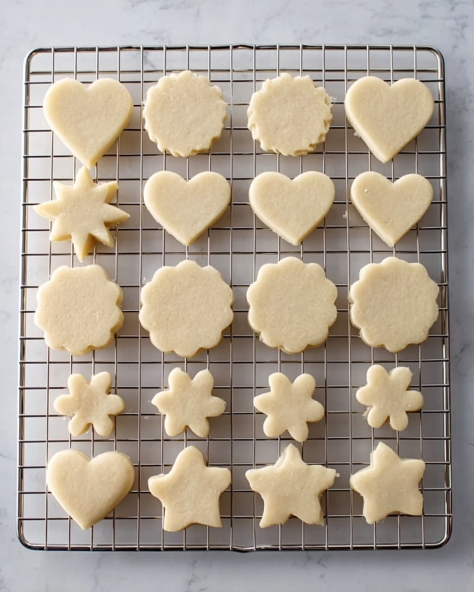 There are six flower-shaped cookies on a white plate with a raised dot border, arranged so some cookies overlap. Each cookie has a light brown base layer, topped with a bright pink icing layer shaped like the flower petals with smooth texture. A small circular yellow icing center is on each flower, decorated with tiny pink dots. The plate sits on a white marbled surface with a polka dot cloth in the background. Photo taken with an iphone --ar 4:5 --v 7