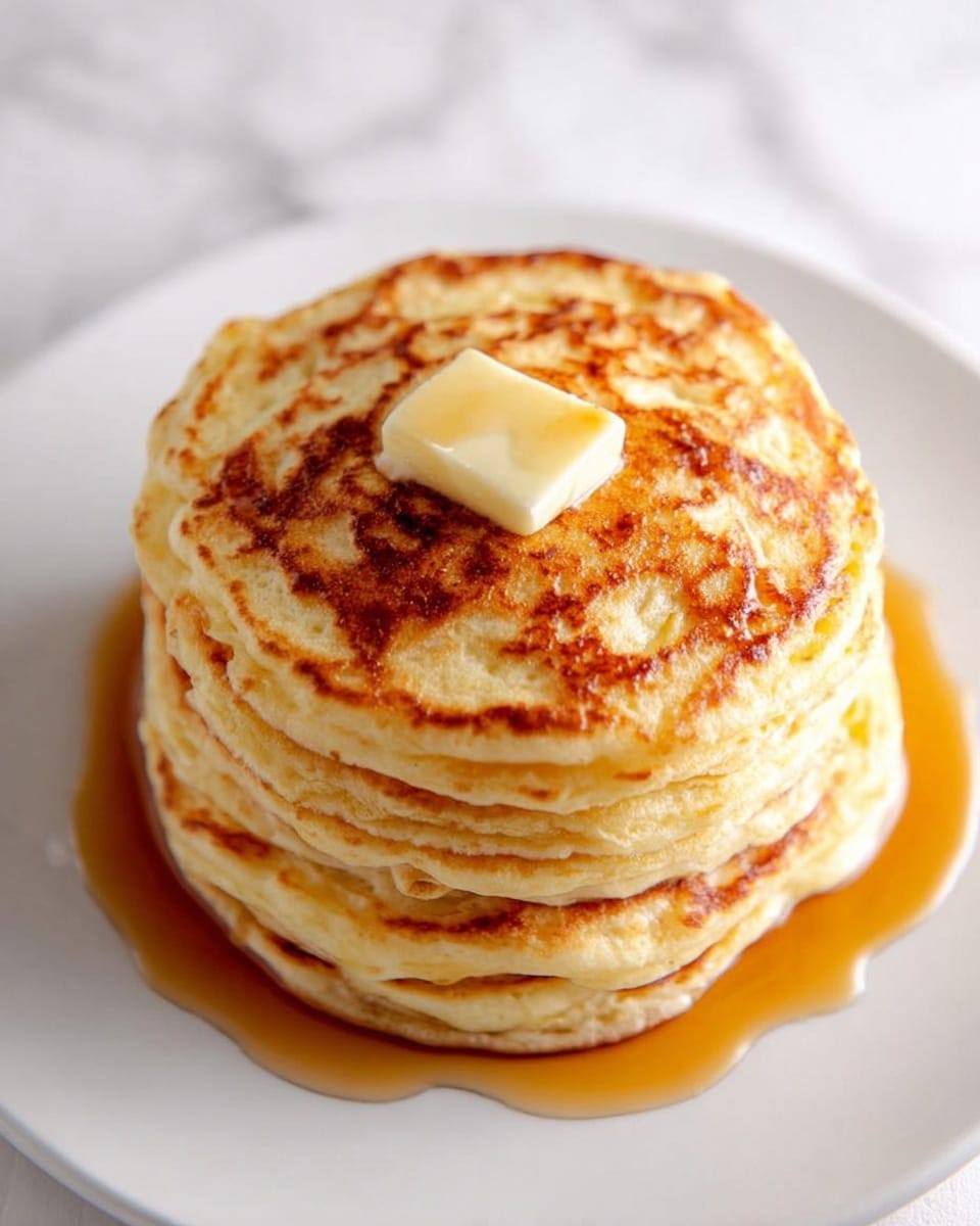A stack of seven golden-brown pancakes is placed in the center of a white plate, each layer showing a soft fluffy texture with slight browning marks. On top of the stack sits a small square of melting butter, and syrup is drizzled around the base of the pancakes, pooling slightly on the plate. The background features a white marbled surface, giving a clean and bright look. photo taken with an iphone --ar 4:5 --v 7