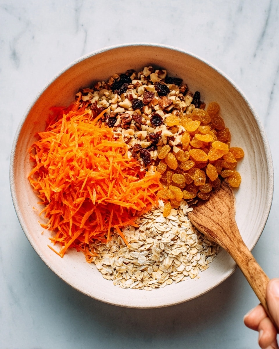A white bowl sits on a white marbled surface, filled with four neat sections of ingredients. One section shows light brown chopped nuts, next to a pile of bright orange shredded carrots. Beside them are golden yellow raisins, and the last section holds dry beige oats. A woman’s hand holds a wooden spoon, stirring the ingredients inside the bowl. photo taken with an iphone --ar 4:5 --v 7