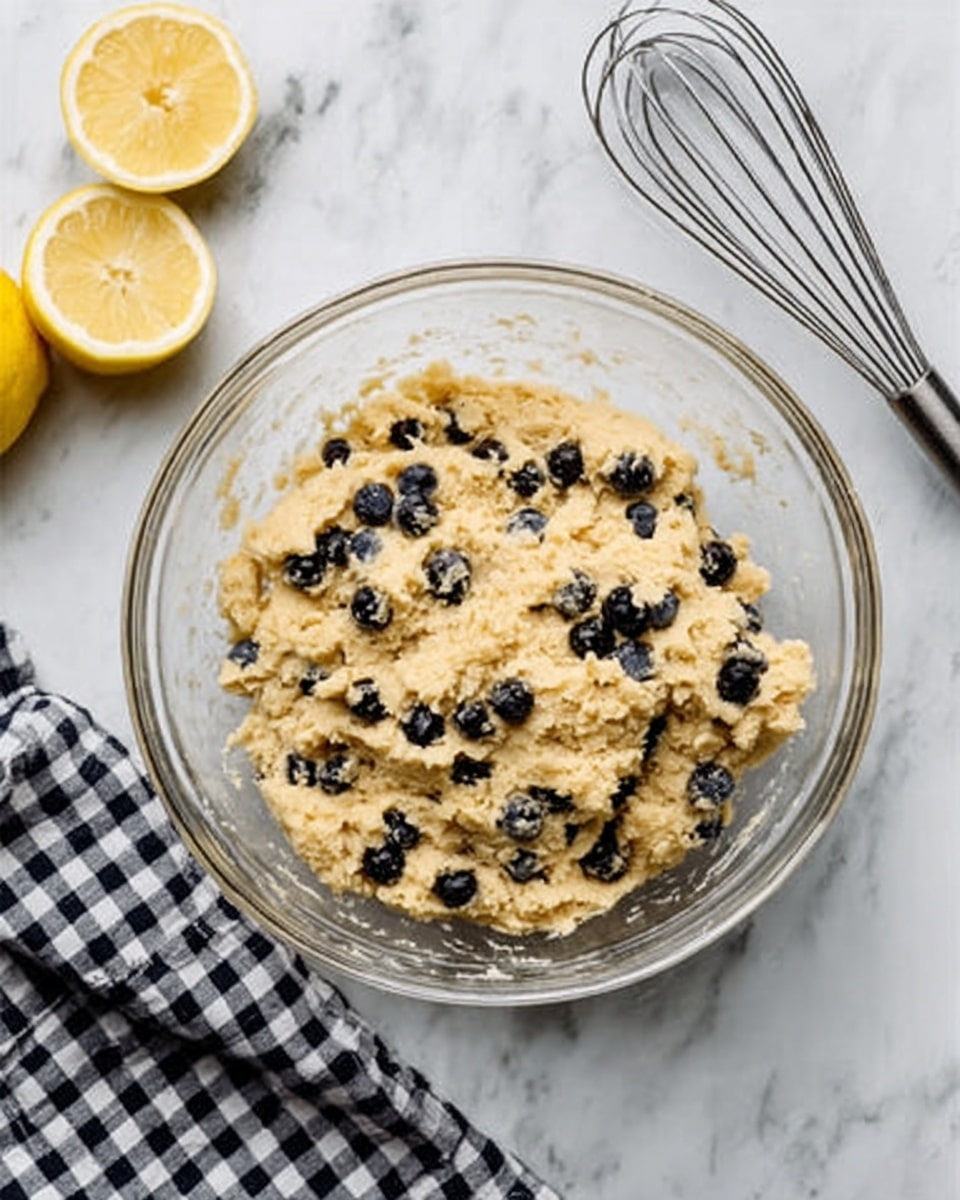 A clear glass bowl filled with light beige cookie dough mixed with small dark blueberries scattered evenly throughout. The bowl rests on a white marbled surface with a black and white checkered cloth placed to the lower left and slices of yellow lemon partially visible in the upper left corner. A silver whisk lies to the upper right next to the bowl. photo taken with an iphone --ar 4:5 --v 7