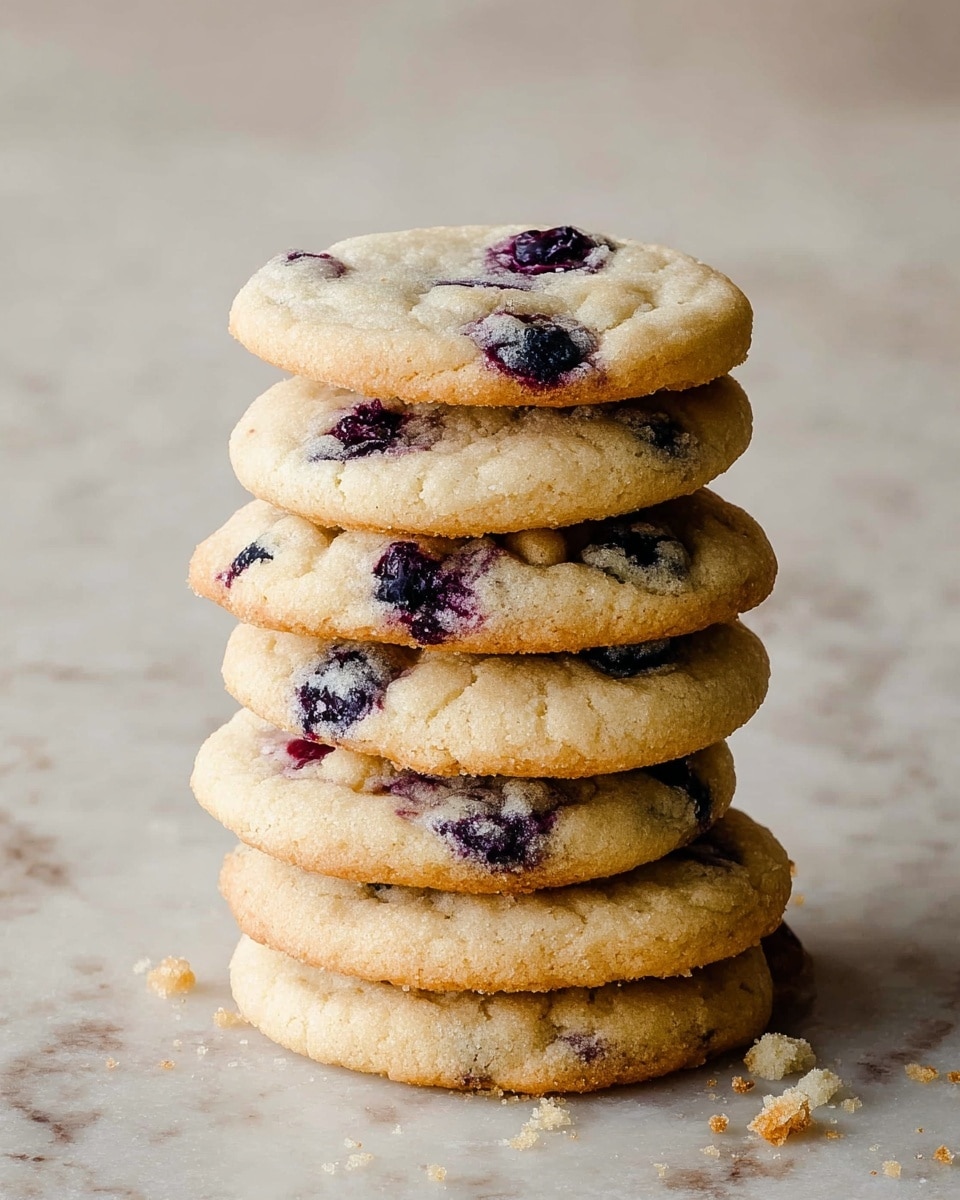 A tower of seven round cookies stacked on top of each other, each cookie light golden brown with a soft texture, dotted with dark purple blueberry pieces embedded on the surface. The edges are slightly crispier and darker, while the centers stay pale and smooth. Small cookie crumbs are scattered at the base on a white marbled textured surface. The cookies appear fresh and chewy, with a soft rise and a slight shine where the blueberries release juices photo taken with an iphone --ar 4:5 --v 7