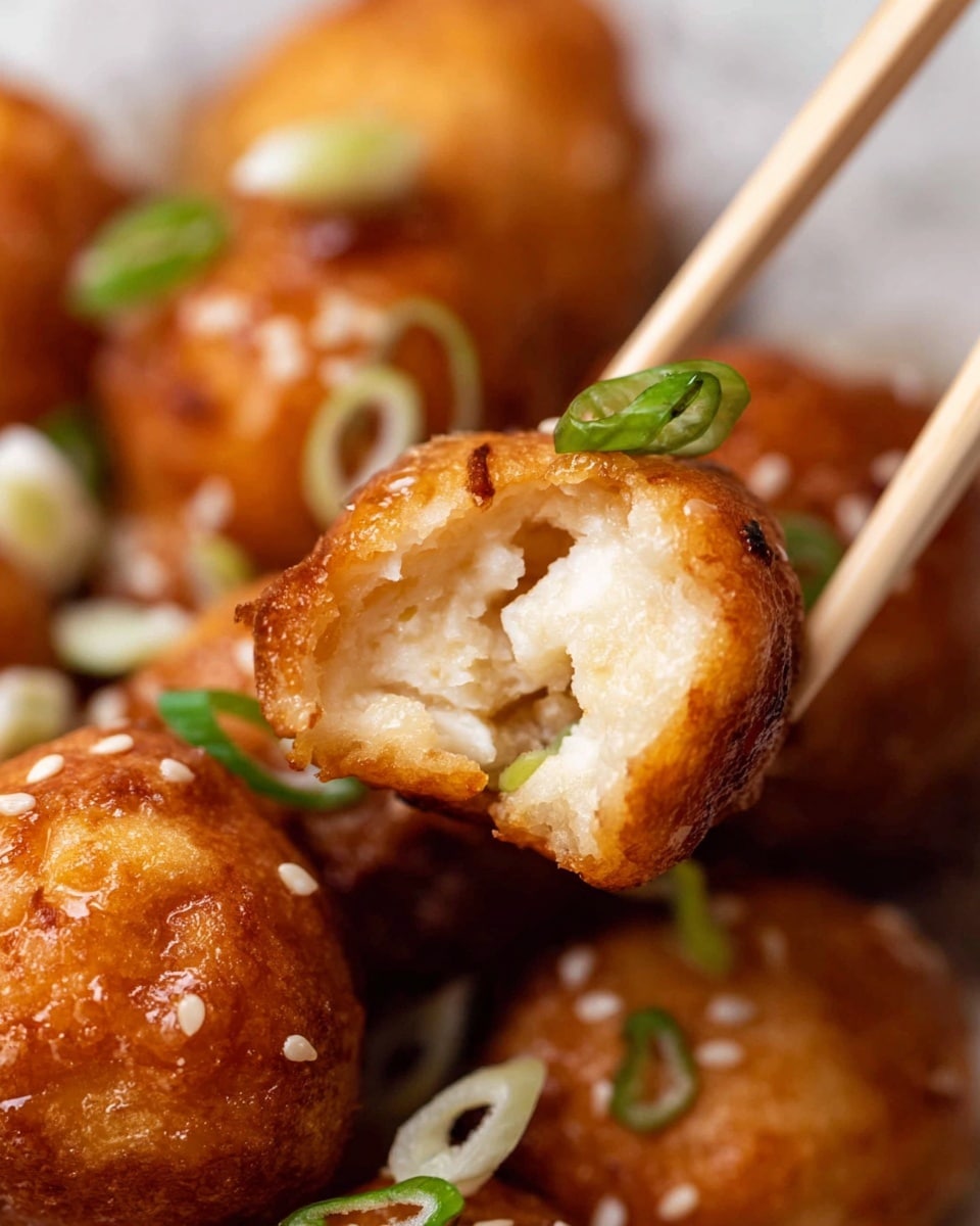 The image shows a close-up of small golden brown fried balls with a crispy outer layer, held by wooden chopsticks. The inside of the ball is soft and white, showing a smooth texture. The fried balls are topped with some white sesame seeds and thin slices of green onion. The background is a white marbled texture with more fried balls softly blurred. photo taken with an iphone --ar 4:5 --v 7