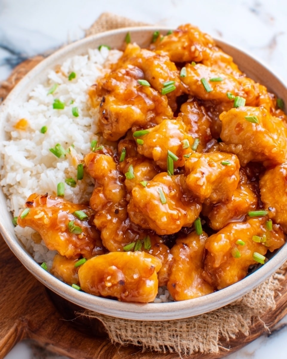 A white bowl filled with white rice on one side and golden-orange sauce-coated chicken pieces on the other, topped with small green chopped scallions for color contrast. The chicken pieces are thick and sauced evenly, showing smooth, shiny texture. The bowl sits on a white marbled surface with a burlap cloth beside it, creating a cozy setting. photo taken with an iphone --ar 4:5 --v 7