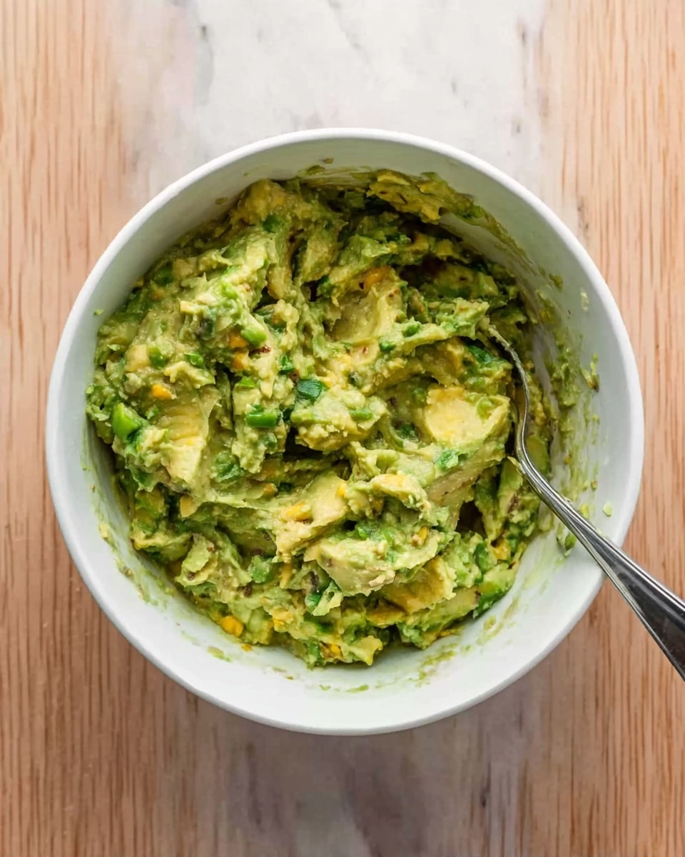 A white bowl filled with a chunky green mixture that looks like guacamole, with small pieces of yellow and green ingredients mixed in. A silver spoon lies inside the bowl on the right side, slightly resting against the edge. The bowl is placed on a white marbled surface that has soft veins running through it. The texture of the green mix looks creamy but uneven with bits of diced vegetables or herbs clearly visible photo taken with an iphone --ar 4:5 --v 7