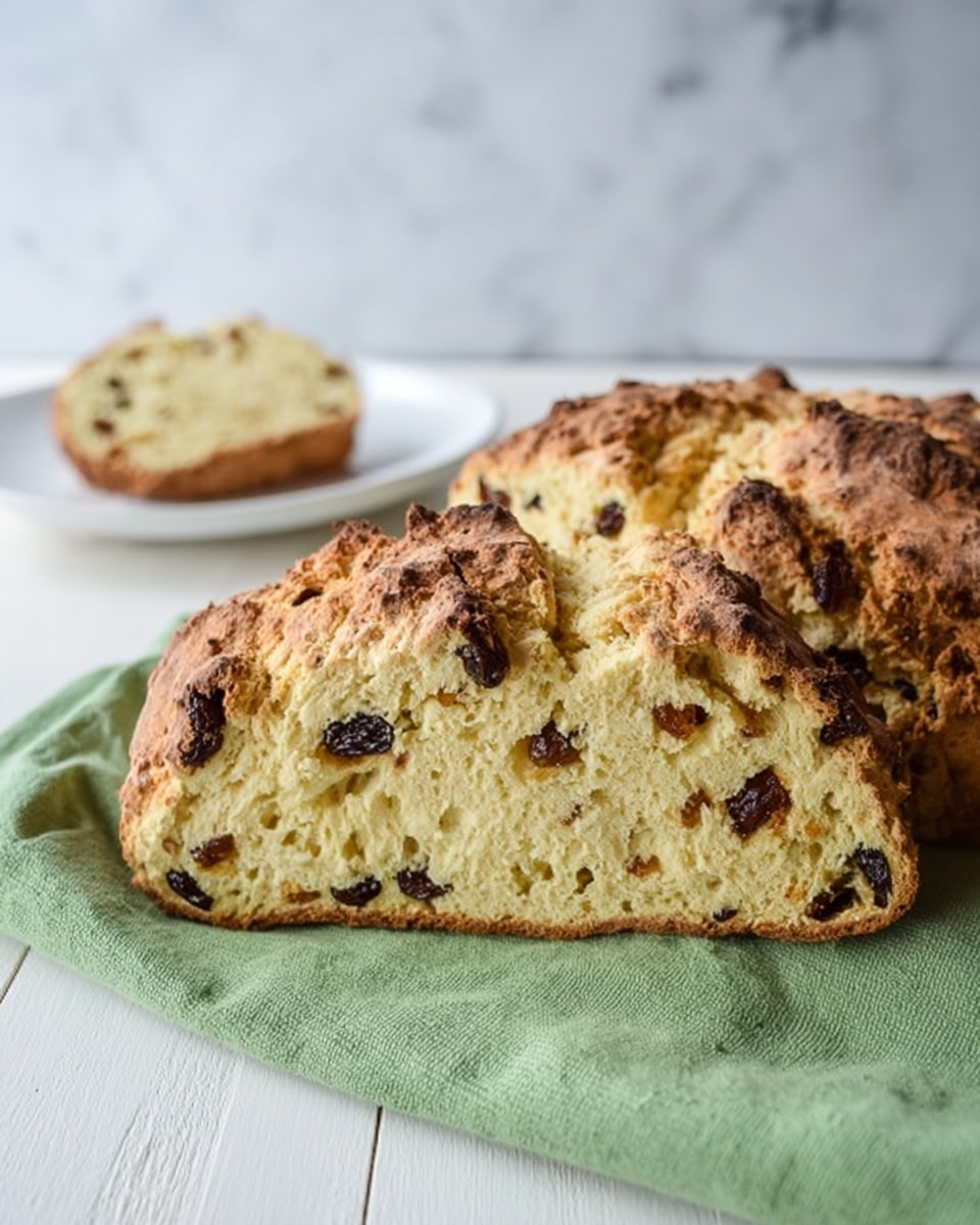 A thick loaf of golden brown Irish soda bread with a rough, cracked crust sits on a soft green cloth on a white wooden surface. The bread's inside is pale yellow with a dense, crumbly texture, speckled with dark raisins scattered throughout. In the background, there is a white plate with a slice of the same bread, showcasing the same dense crumb and raisin distribution. The scene is set against a plain white tiling wall and a white marbled textured surface. photo taken with an iphone --ar 4:5 --v 7