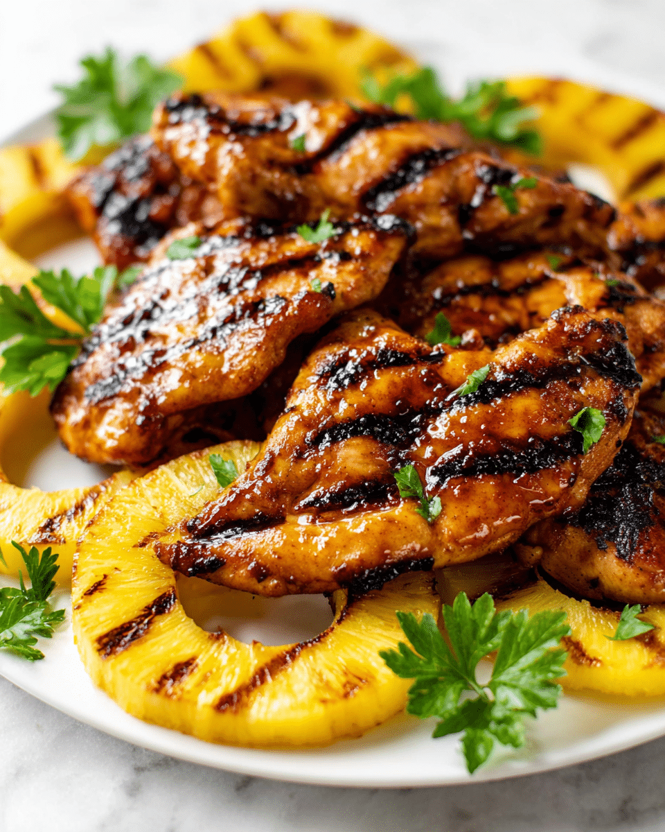 The image shows a close-up of a white plate filled with grilled food, featuring several pieces of golden brown grilled chicken with dark char marks and a shiny glaze on top. Underneath and around the chicken, there are thick slices of grilled pineapple rings with clear black grill lines and a bright yellow color. Fresh green parsley leaves are scattered on top, adding a pop of color. The plate rests on a white marbled surface. photo taken with an iphone --ar 4:5 --v 7