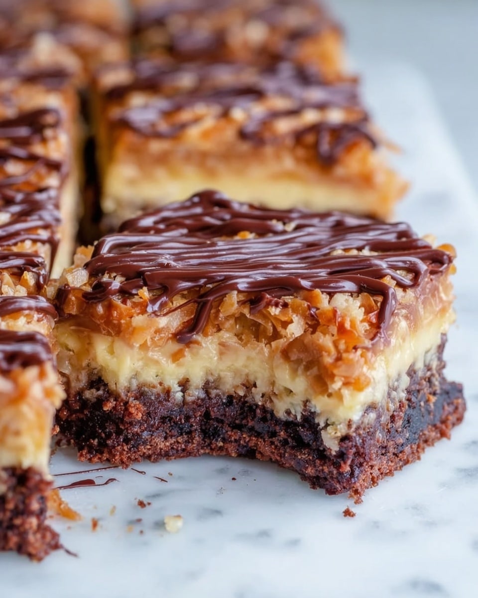 The image shows a close-up of a dessert bar with three clear layers on a white marbled surface. The bottom layer is dark brown, looking dense and moist like a chocolate brownie. The middle layer is thick and creamy with light caramel color. The top layer is a golden-brown coconut mix that looks toasted and crunchy. Dark chocolate lines are drizzled across the top in a zigzag pattern. A piece of the dessert is missing from the front, showing the inside layers well. Photo taken with an iphone --ar 4:5 --v 7