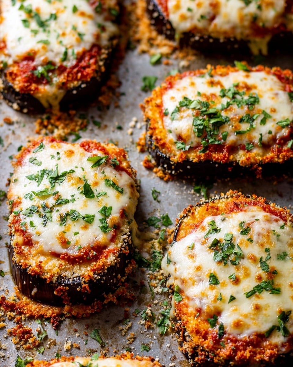 The image shows six pieces of eggplant topped with melted, slightly browned cheese, scattered finely chopped green herbs, and red tomato sauce underneath the cheese layer. Each eggplant piece has a crispy, golden brown breadcrumb coating on the edges, with a textured orange layer just beneath creating a clear boundary. The eggplants are placed on a baking sheet with some crumbs and herbs scattered around, adding a rustic touch. The lighting highlights the melted cheese's smooth and bubbly texture and the fresh green herb garnish. photo taken with an iphone --ar 4:5 --v 7