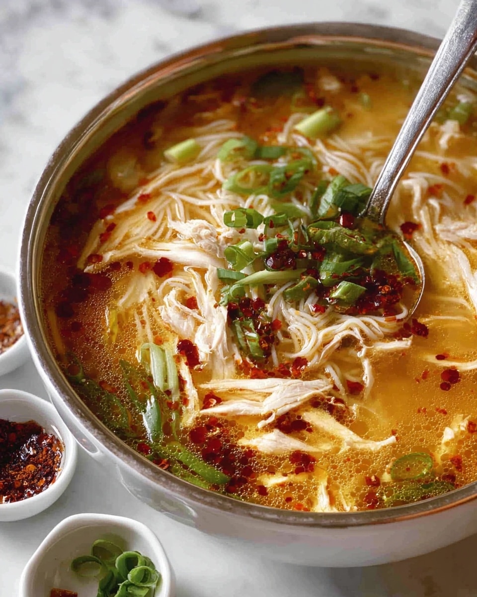 A large white bowl filled with hot broth that is golden brown with some red chili oil spots on top. Inside, there are many thin white noodles, shredded pieces of white chicken, and lots of sliced green onions scattered all over. A silver ladle is scooping some broth and noodles from the bowl. The bowl is on a white marbled surface with small white cups around it, each containing red and dark spices. photo taken with an iphone --ar 4:5 --v 7