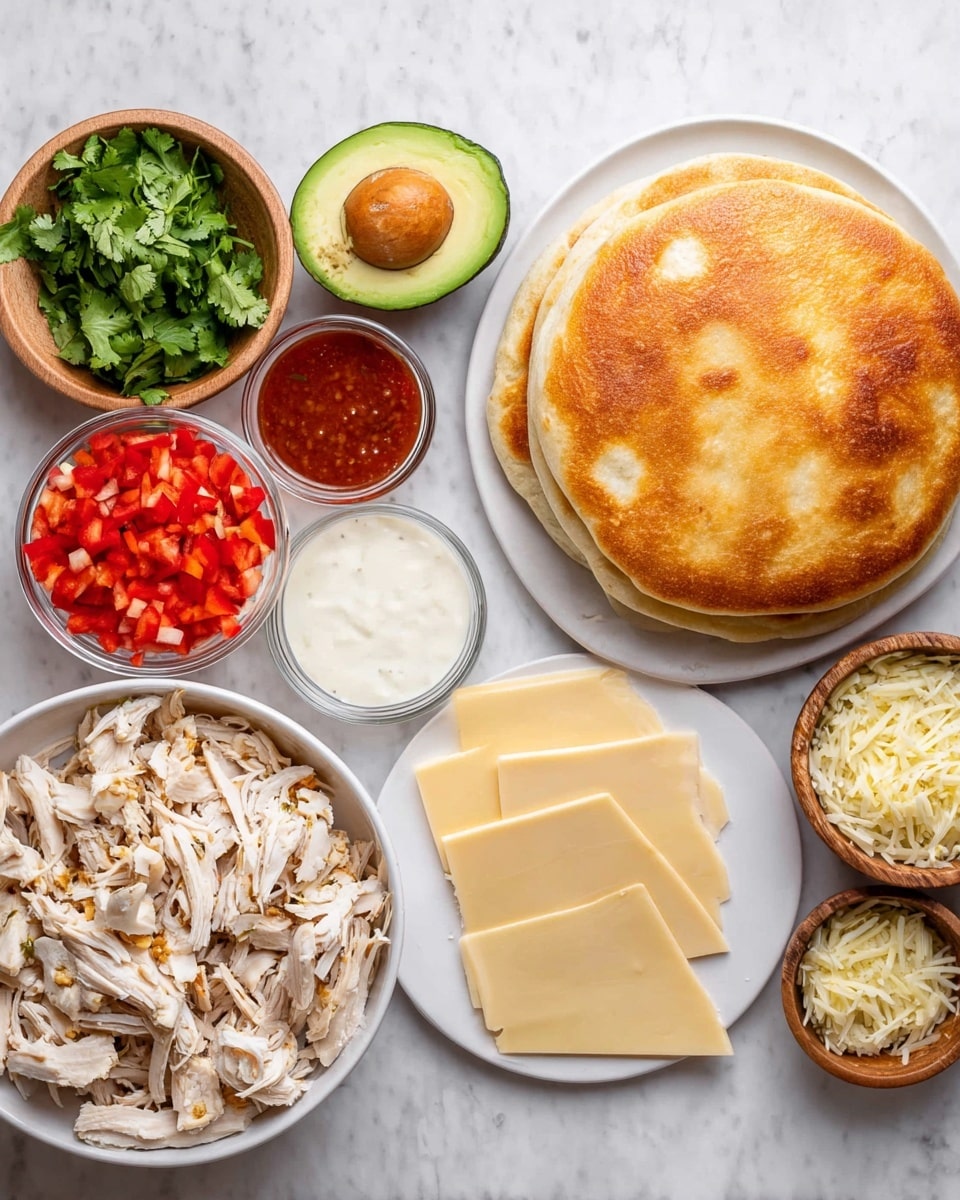 A round golden brown flatbread with a slightly shiny top sits on a white plate to the right. To the left, there is a large white bowl filled with shredded cooked light brown and white chicken layers. Below the chicken bowl is a small clear glass bowl with a creamy white sauce. Next to it is a white plate holding five slices of pale yellow cheese arranged in an overlapping fan shape. Above the cheese plate is a small white bowl filled with bright red diced peppers. To the upper left of the peppers, there is a wooden bowl with green cilantro leaves. Above the cilantro is half an avocado with dark green skin and light green flesh, and next to the avocado half is the other half with the brown seed inside. Near the top right corner of the image is a small wooden bowl with crushed light yellow garlic. Between the garlic and cilantro bowls is a small clear glass bowl with red sauce. All items are set on a white marbled surface photo taken with an iphone --ar 4:5 --v 7