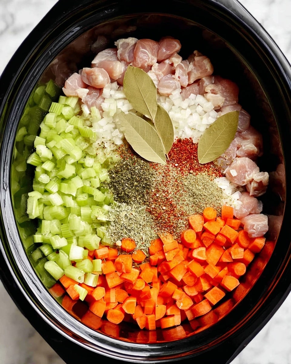 Inside a black slow cooker, there are several layers of ingredients arranged clearly from above. The bottom layer is chunks of light pink raw chicken. Around and on top of the chicken, there are chopped bright orange carrots and fresh green celery pieces, each spread mostly to one side. Small white diced onions are also placed in two areas near the edges. On top of everything, there are dried spices in the center, including crushed red pepper flakes, brownish garlic powder, and green herbs. Three light brown dried bay leaves rest on the vegetables and chicken. The cooker is set against a white marbled surface. photo taken with an iphone --ar 4:5 --v 7
