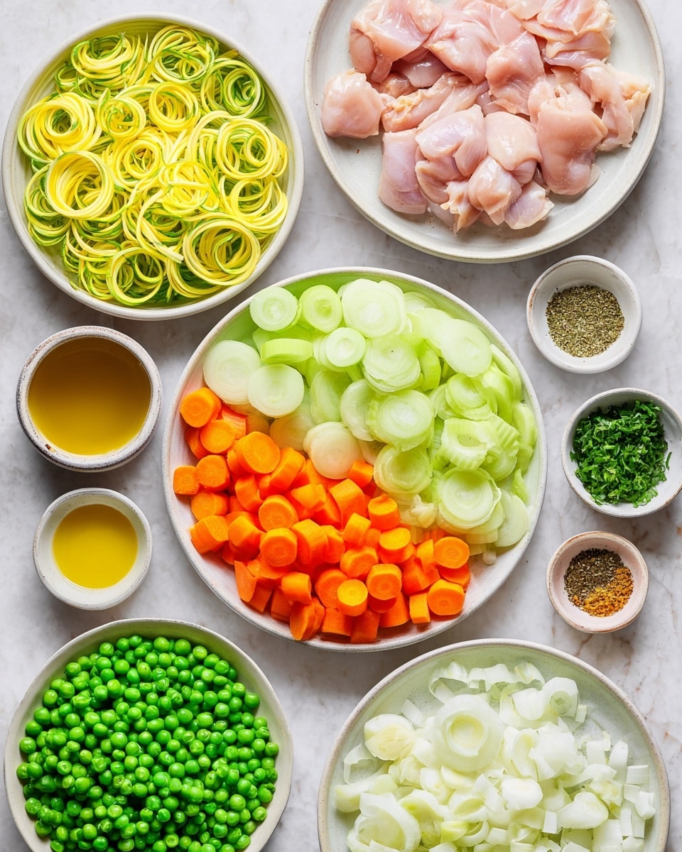 A flat lay image showing multiple white bowls and plates on a white marbled surface, each filled with different fresh ingredients. The main plate in the center has two sections: the top half filled with pale green celery slices and the bottom half with bright orange carrot slices. Above it, a white bowl holds several pieces of raw chicken with a pinkish color. To the left, a plate full of yellow and light green spiralized leek sticks is placed. Below the carrots and celery plate, a white bowl is filled with green peas. To the right, there is a white bowl with chopped white onions. Small bowls with salt, pepper, and mixed spices including minced garlic and turmeric sit around. A small bowl with golden yellow oil is placed near the center. A small dish has chopped green herbs. The colors are vivid, and the textures are clear and fresh. Photo taken with an iphone --ar 4:5 --v 7