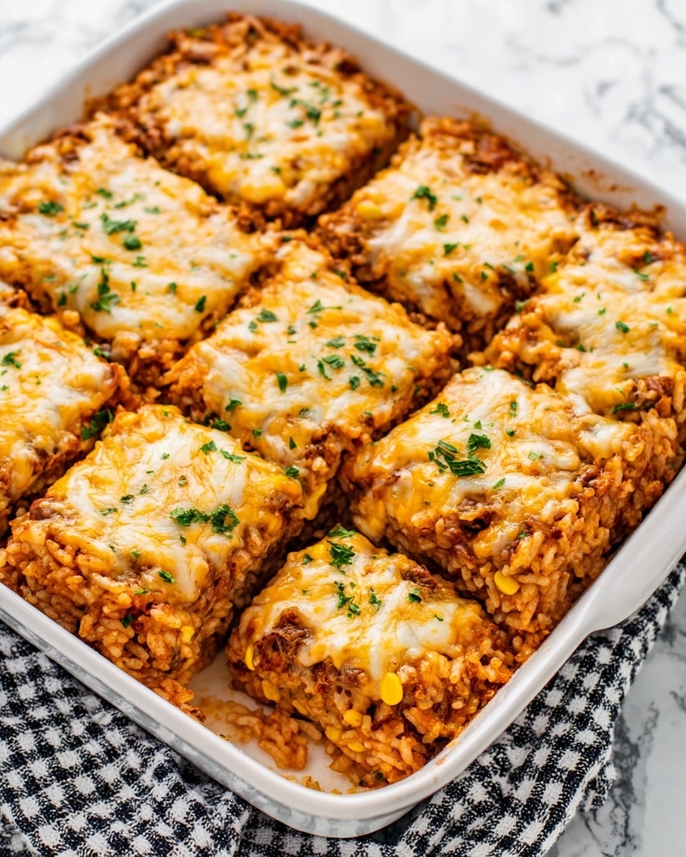 The image shows a white rectangular baking dish filled with a baked cheesy casserole cut into nine square pieces. The top layer is golden melted cheese with some slightly browned spots, covering a textured layer of mixed ingredients that look like rice, beans, and small bits of vegetables or meat beneath. Bits of green herbs are sprinkled on top, adding a fresh touch. The dish sits on a white marbled surface, with a checkered cloth partially visible under the dish. The scene is well-lit, emphasizing the warm and inviting texture of the casserole. Photo taken with an iphone --ar 4:5 --v 7