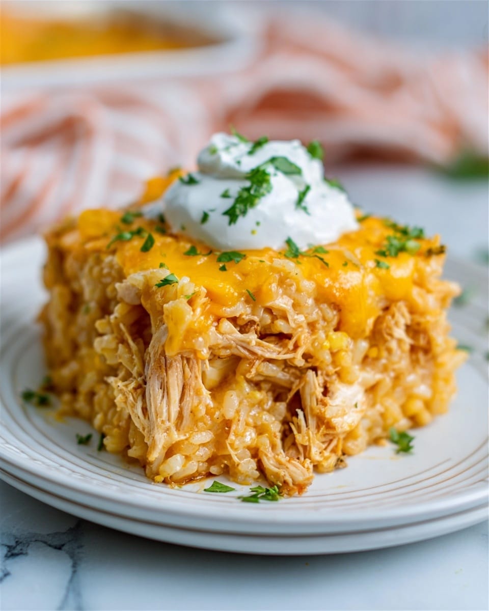 The image shows a white plate with a square-shaped serving of shredded chicken mixed with rice, both coated in a light orange sauce. The dish is topped with melted yellow cheese, a dollop of white sour cream, and a sprinkle of chopped green herbs on top. The plate sits on a white marbled surface with a slightly blurred background. The texture of the chicken and rice looks soft and moist, and the cheese appears melted and stringy. Photo taken with an iphone --ar 4:5 --v 7