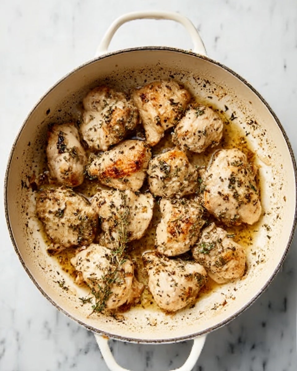 The image shows a white pot on a white marbled surface, filled with several pieces of cooked chicken that are light brown and sprinkled with herbs and black pepper. The chicken pieces are in one layer, evenly spread across the bottom of the pot, with some browned juices pooling gently around them. The texture of the chicken looks tender with some slight crisp edges, and the pot has white handles on each side. photo taken with an iphone --ar 4:5 --v 7