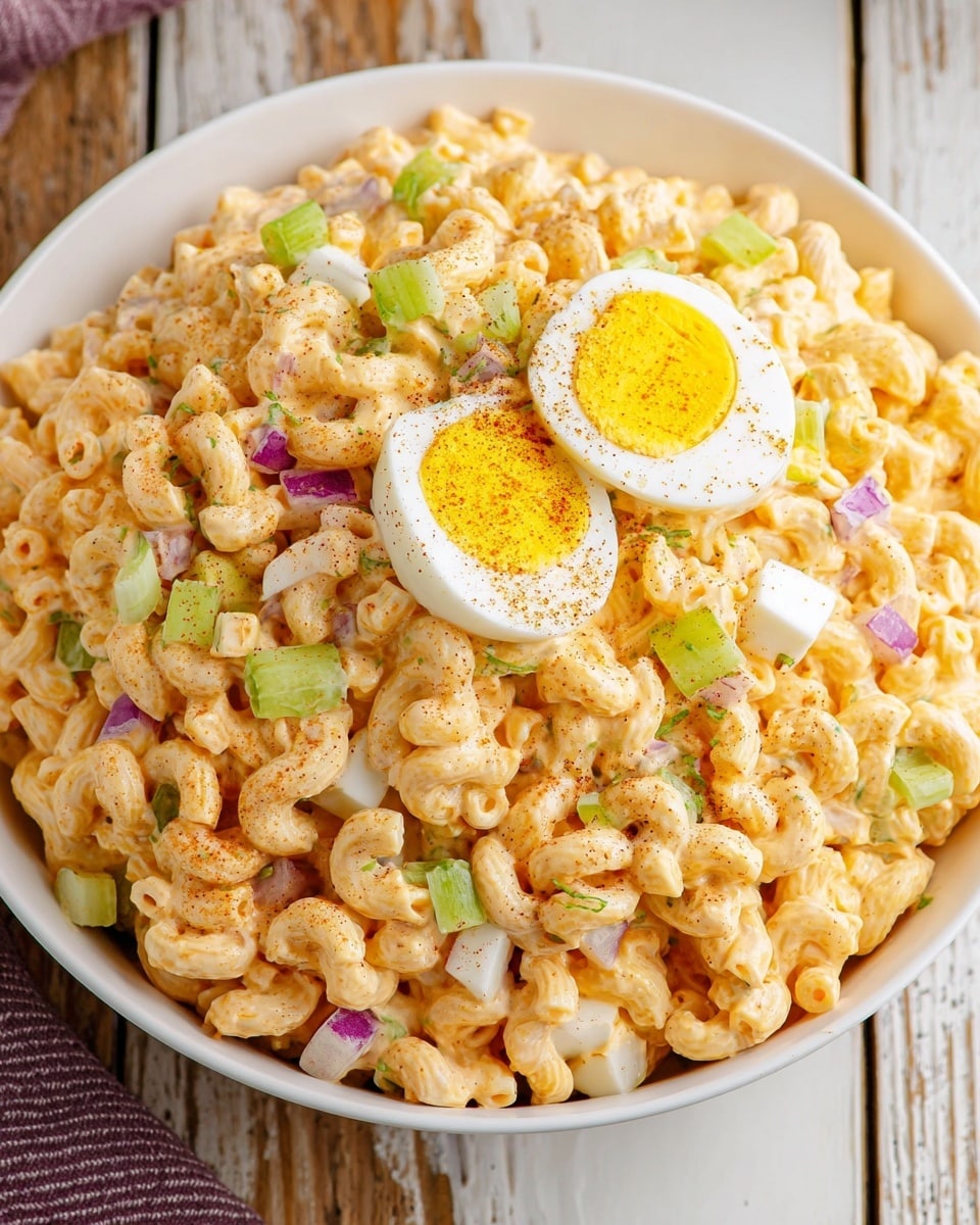 A white bowl filled with creamy macaroni salad made of small elbow macaroni coated in a pale orange sauce. The salad is mixed with chopped green celery, small pieces of purple onion, and white chunks of hard-boiled egg. On top of the salad, there are two slices of hard-boiled egg with yellow yolks, sprinkled with brown seasoning. The bowl sits on a white marbled surface with a rustic wooden texture background partially visible. photo taken with an iphone --ar 4:5 --v 7