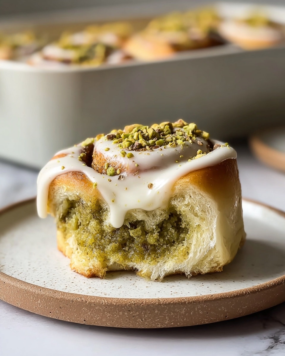 A close-up of a single cinnamon roll with three visible layers: the outer golden-brown baked dough, a thick green pistachio filling spread evenly on the middle layer, and a soft white dough base. The top is covered with smooth white icing that gently drips down the sides, finished with crushed green pistachio nuts sprinkled on top. The roll sits on a plain white plate with a slightly textured surface, placed on a white marbled tabletop, with a blurred baking dish filled with more cinnamon rolls in the background. Photo taken with an iphone --ar 4:5 --v 7