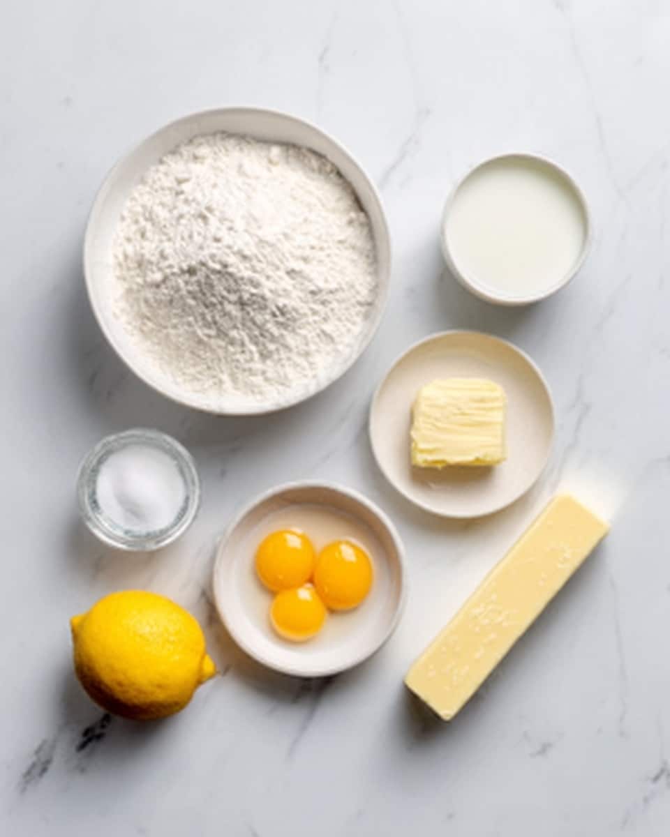 A clean white marble surface holds several white bowls and small dishes arranged neatly. The largest white bowl contains a pile of light flour, while a smaller white bowl nearby holds white sugar. A small white bowl with two bright yellow egg yolks sits beside the other ingredients. There is a round yellow lemon placed on the surface, along with a stick of yellow butter still in its wrapper. A tiny clear bottle of vanilla extract and a shot glass of white milk complete the arrangement, all set on the smooth white marble background. Photo taken with an iphone --ar 4:5 --v 7