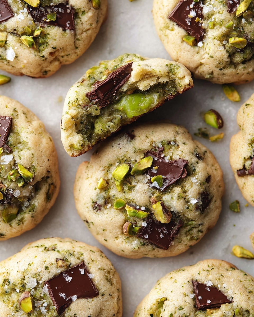 Creamy Pistachio White Chocolate Spread Recipe 6 This image shows soft, round cookies with a light golden-brown color, dotted with dark brown melted chocolate pieces and bright green pistachio chunks scattered on top and throughout the dough. One cookie in the center is broken in half, revealing a smooth, creamy green pistachio filling inside. The cookies have a slightly bumpy texture and are sprinkled lightly with coarse salt. They rest on a white marbled surface in close arrangement. Photo taken with an iphone --ar 4:5 --v 7