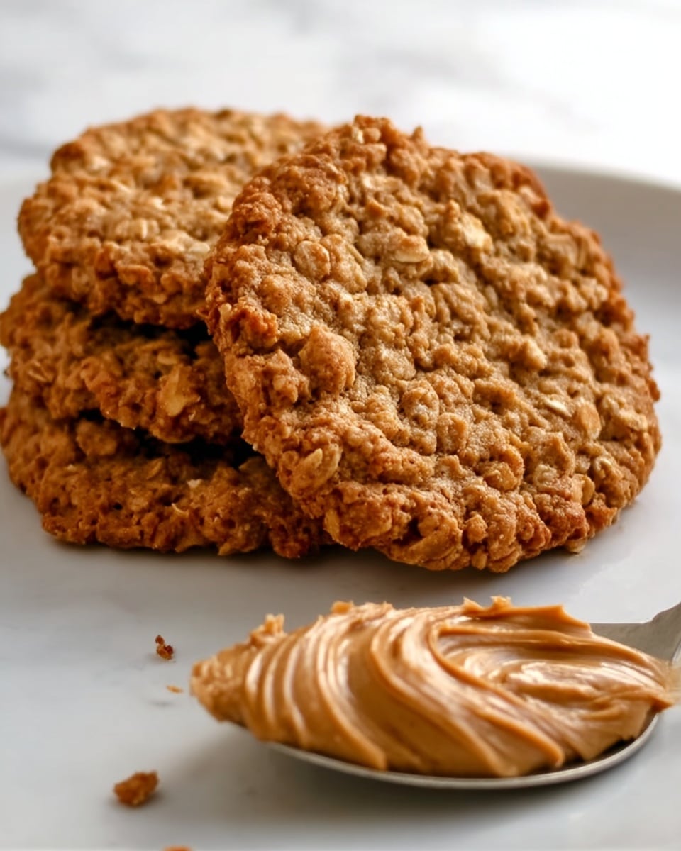 The image shows three round oatmeal cookies stacked slightly overlapping on a white plate. The cookies have a rough, textured surface with visible oats and a golden brown color. Next to the cookies, on the white marbled surface, there is a spoonful of smooth, light brown nut butter with soft, swirled peaks. The lighting highlights the crunchy texture of the cookies and the creamy spread next to them. photo taken with an iphone --ar 4:5 --v 7