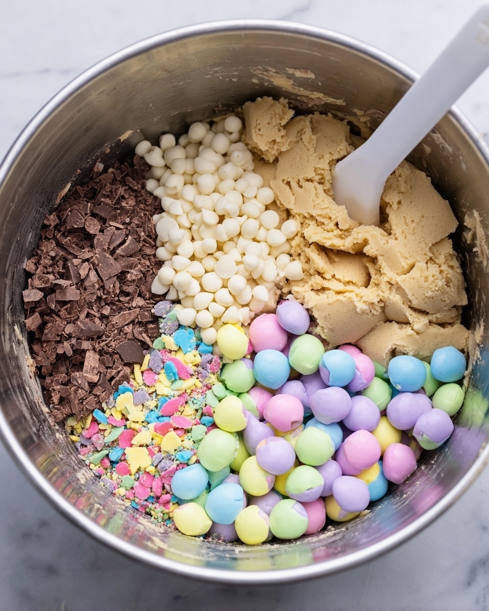 Inside a large metal bowl, there are four main layers arranged side by side but not mixed: on the left is a pile of crushed chocolate with colorful candy shell bits, next to it is a cluster of white chocolate chips, then a large amount of light beige cookie dough, and finally a pile of pastel-colored candy-coated chocolates in yellow, green, purple, pink, and blue. A white silicone spatula is resting inside the bowl on the cookie dough. The scene is set on a white marbled surface. photo taken with an iphone --ar 4:5 --v 7