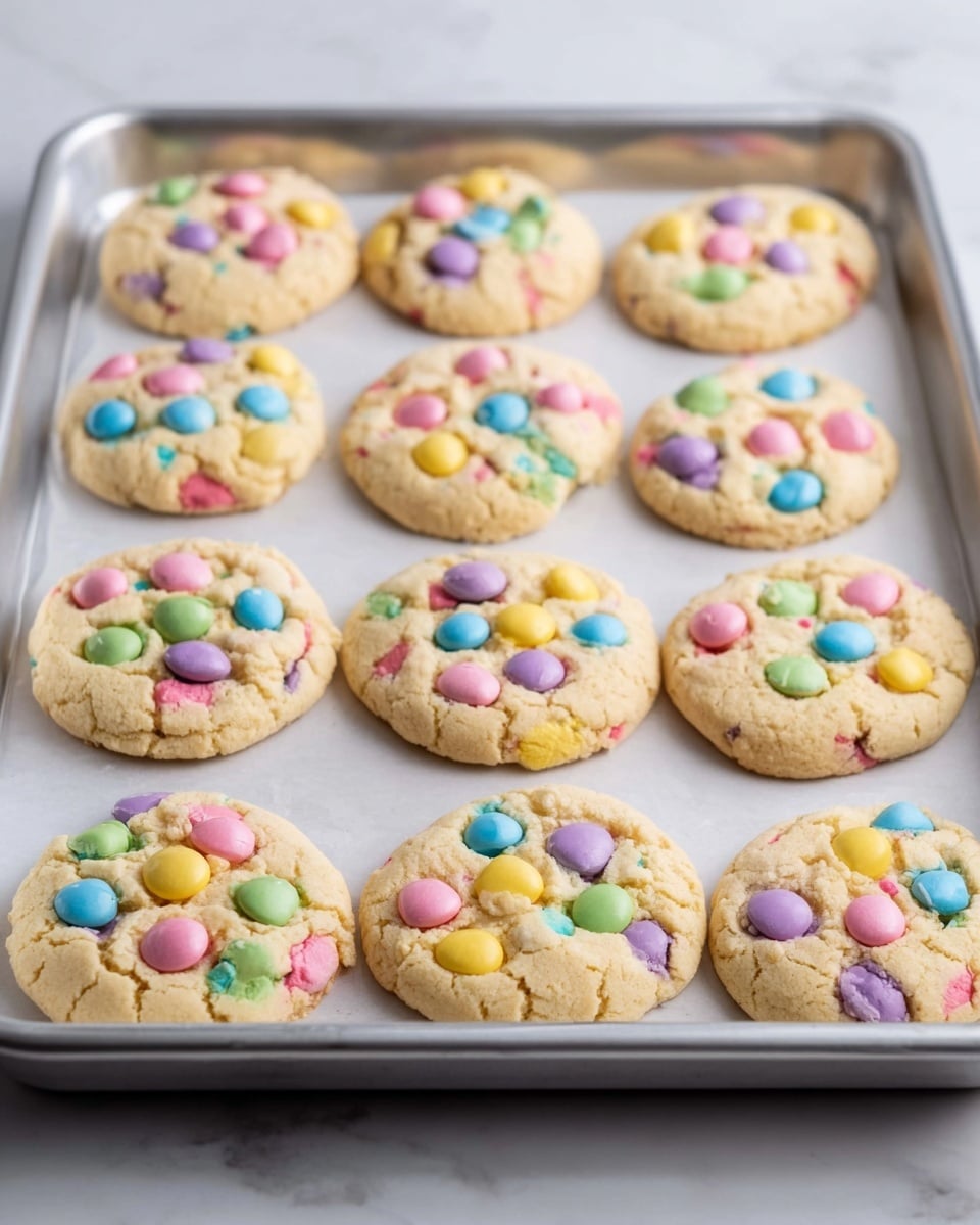 The image shows a silver baking tray filled with 14 round cookies, each topped with colorful candy-coated pieces in pastel colors like pink, blue, yellow, green, and purple scattered evenly on top. The cookies have a light beige color with a slightly cracked texture, and they look soft and thick. The tray is placed on a white marbled surface. Photo taken with an iphone --ar 4:5 --v 7